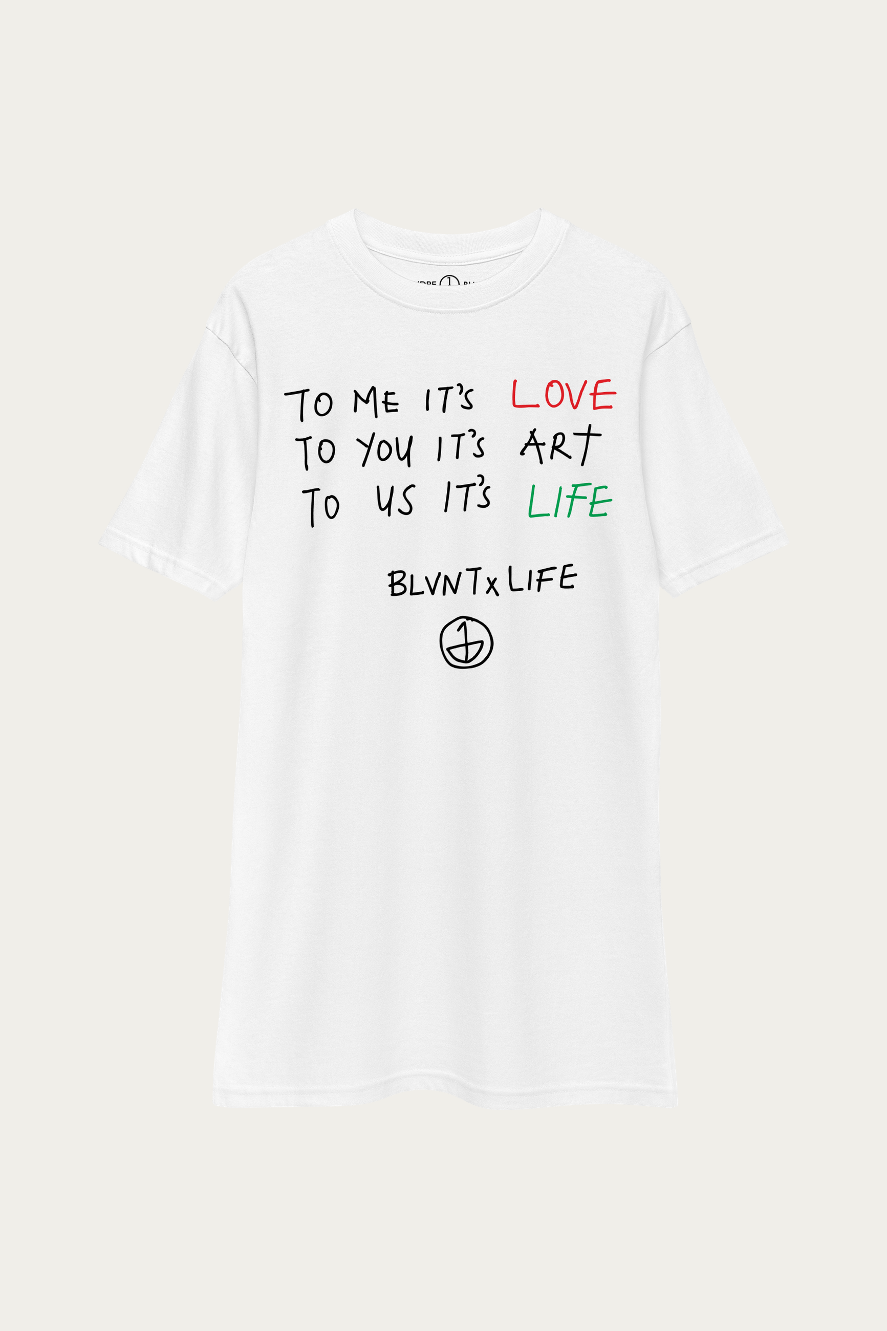 BLVNT x LIFE Tee, White by Andre Blunt, shown on a Cloud White ground