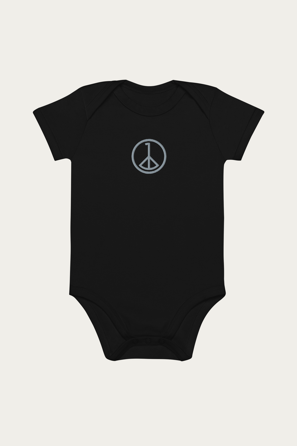 Baby Bodysuit, Black by Andre Blunt, front, on a Cloud White ground