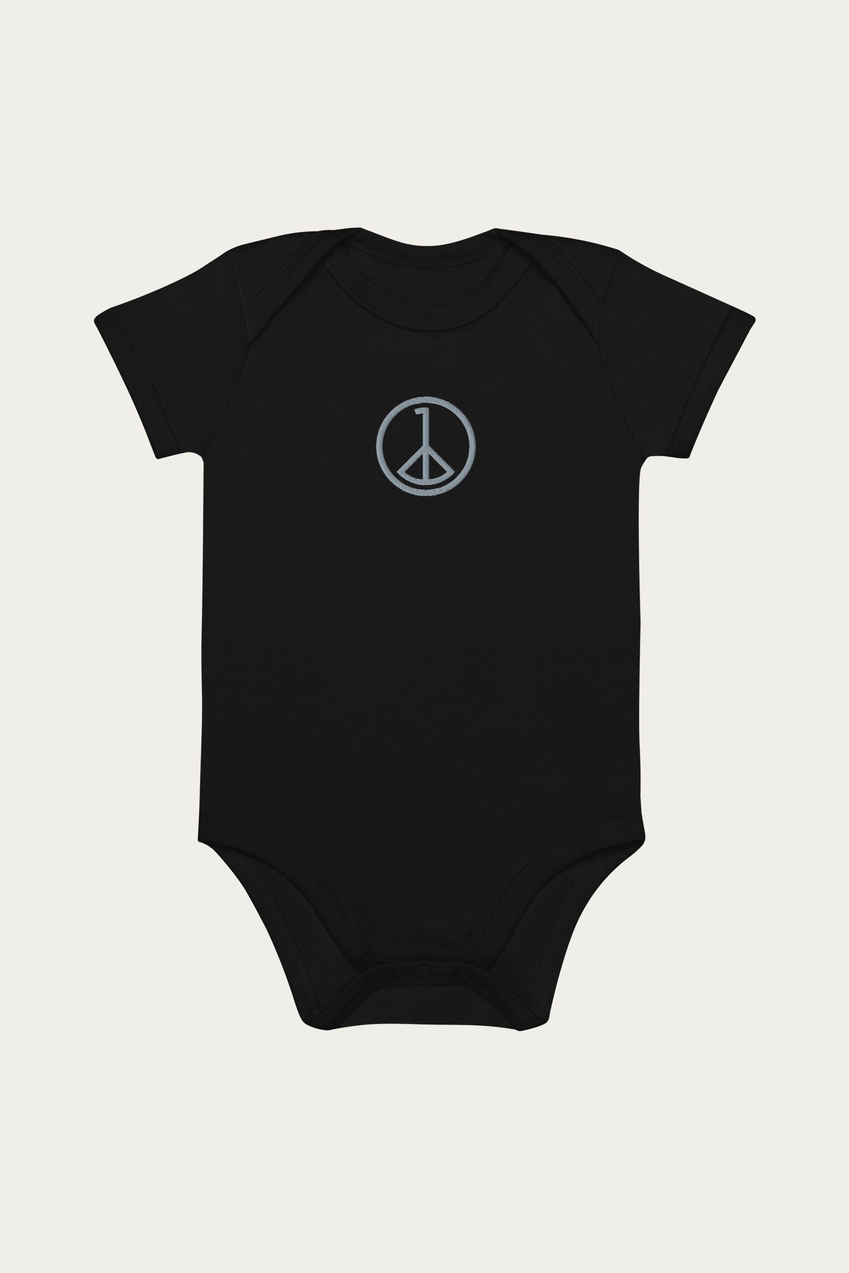 Baby Bodysuit, Black by Andre Blunt, front, on a Cloud White ground
