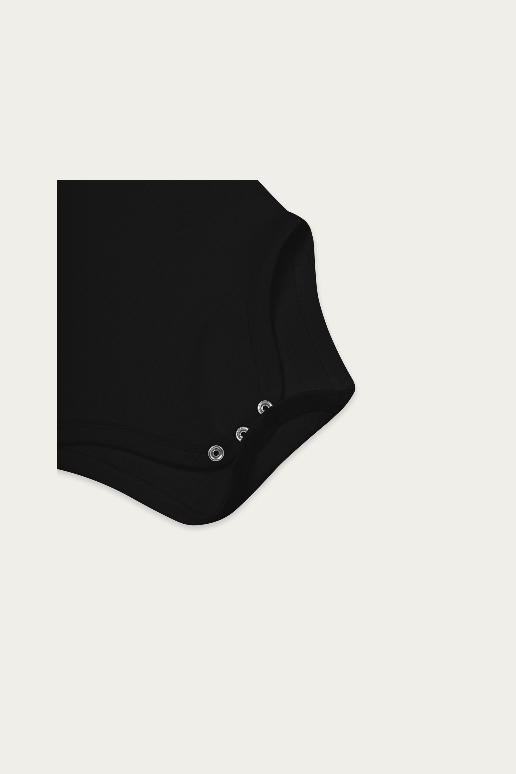 Baby Bodysuit, Black by Andre Blunt, product details 2, on a Cloud White ground