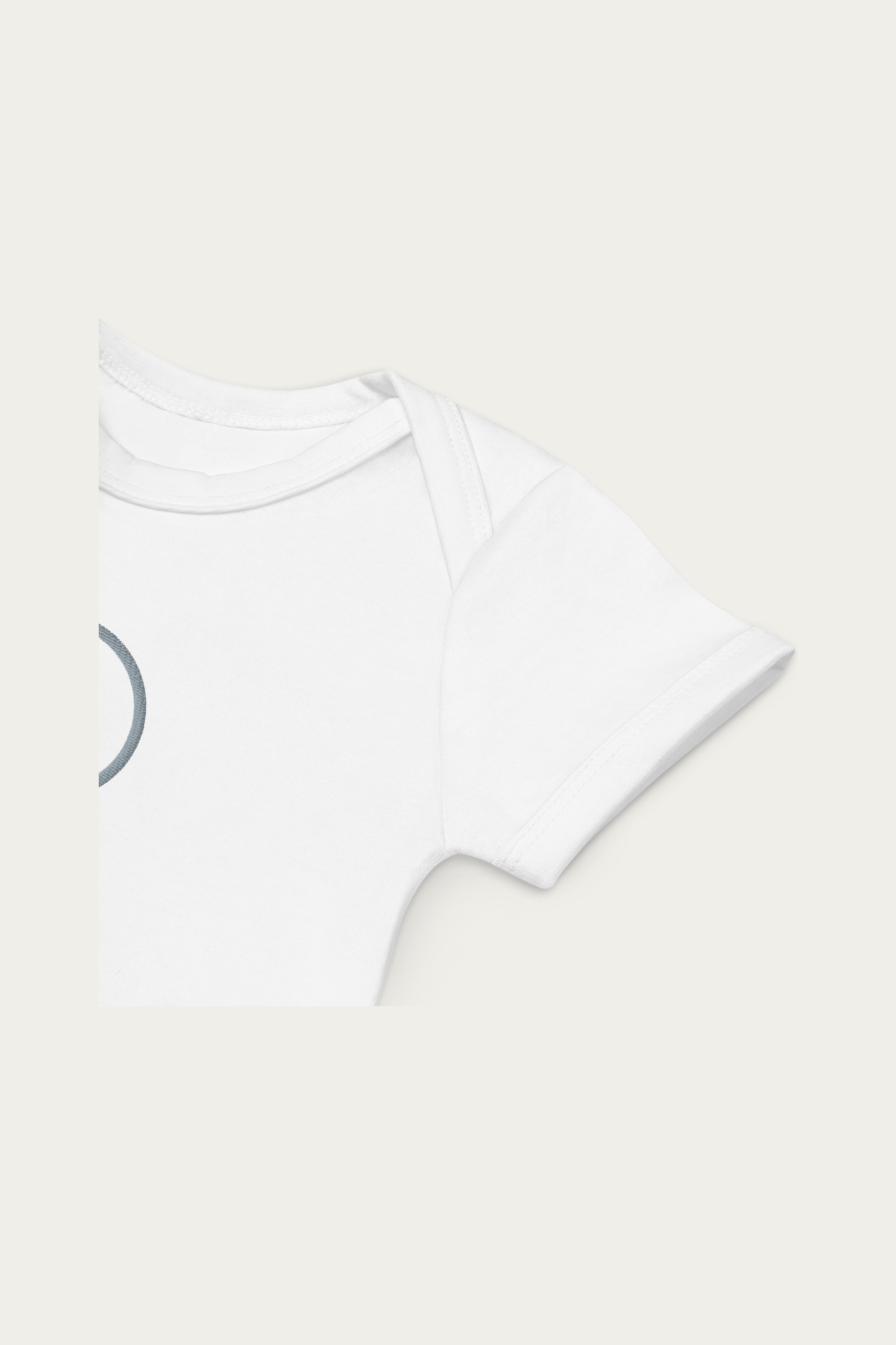 Baby Bodysuit, White by Andre Blunt, product details, on a Cloud White ground