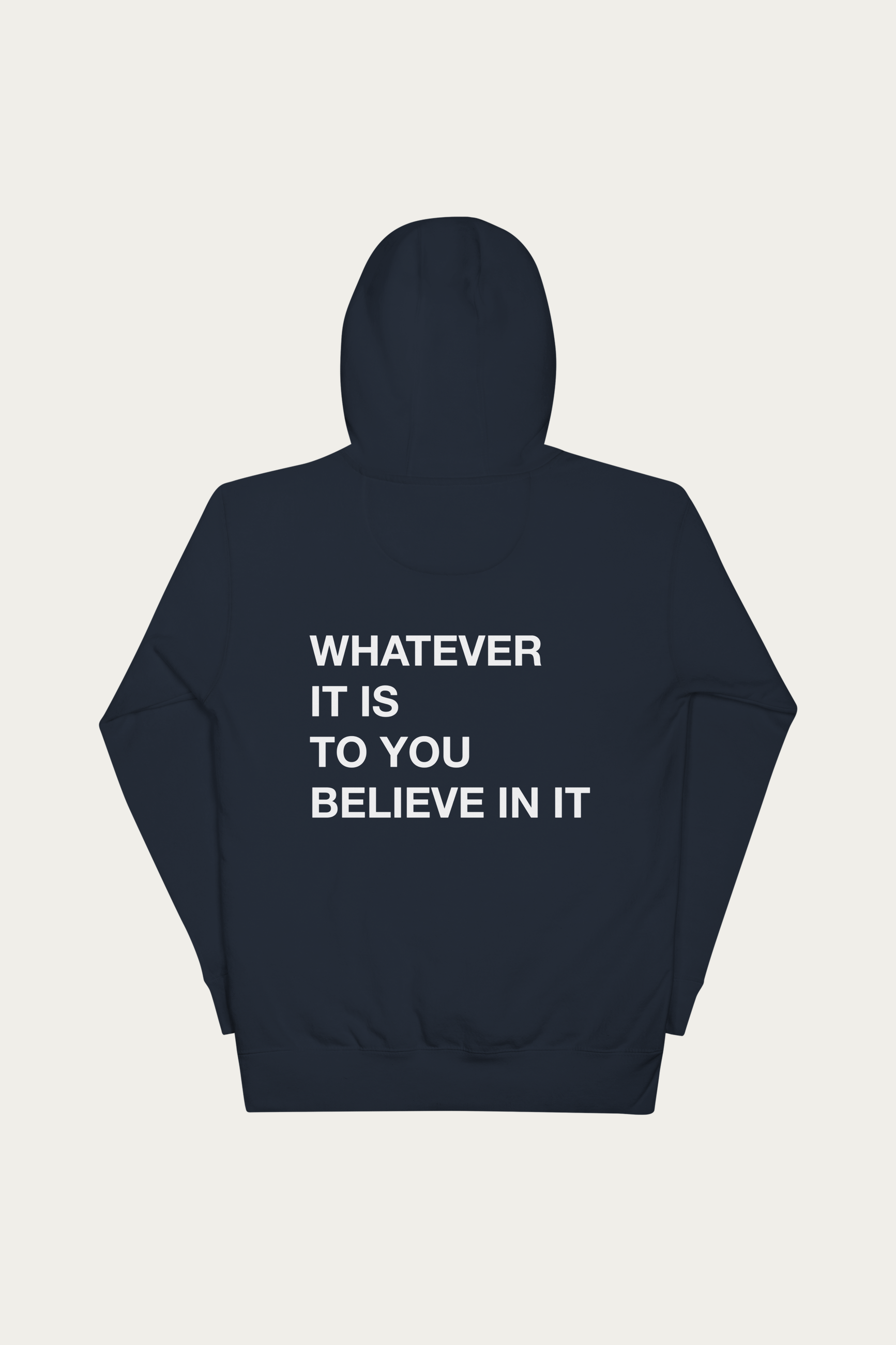 BLVNT Graphic Hoodie, Navy by Andre Blunt, from the back, on a Cloud White ground