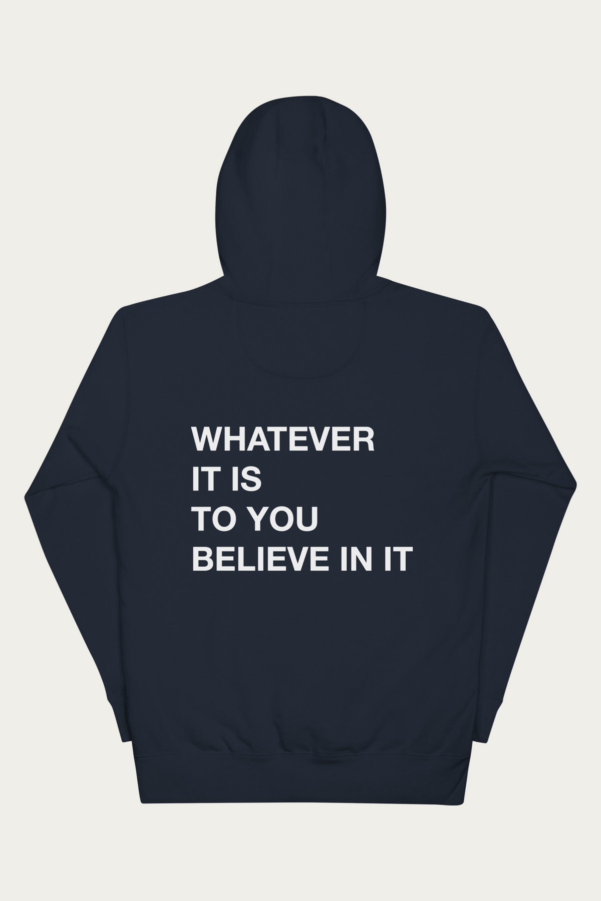 BLVNT Graphic Hoodie, Navy by Andre Blunt, from the back, on a Cloud White ground