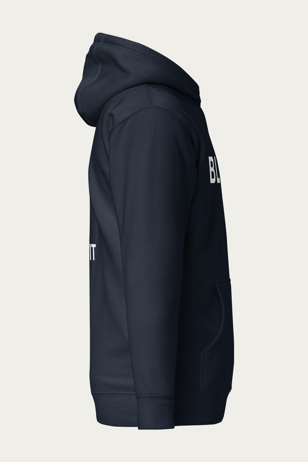 BLVNT Graphic Hoodie, Navy by Andre Blunt, from the right, on a Cloud White ground