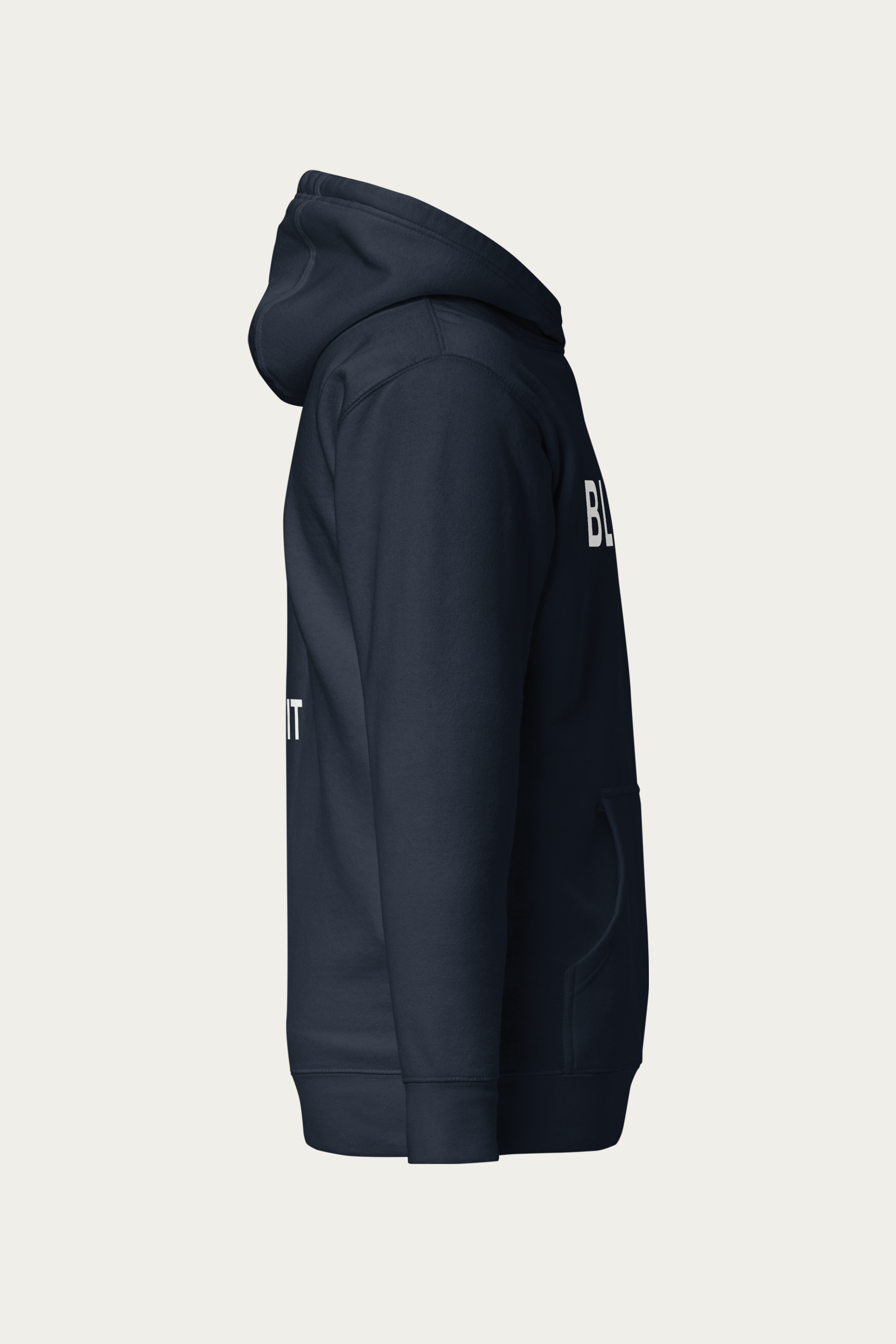 BLVNT Graphic Hoodie, Navy by Andre Blunt, from the right, on a Cloud White ground