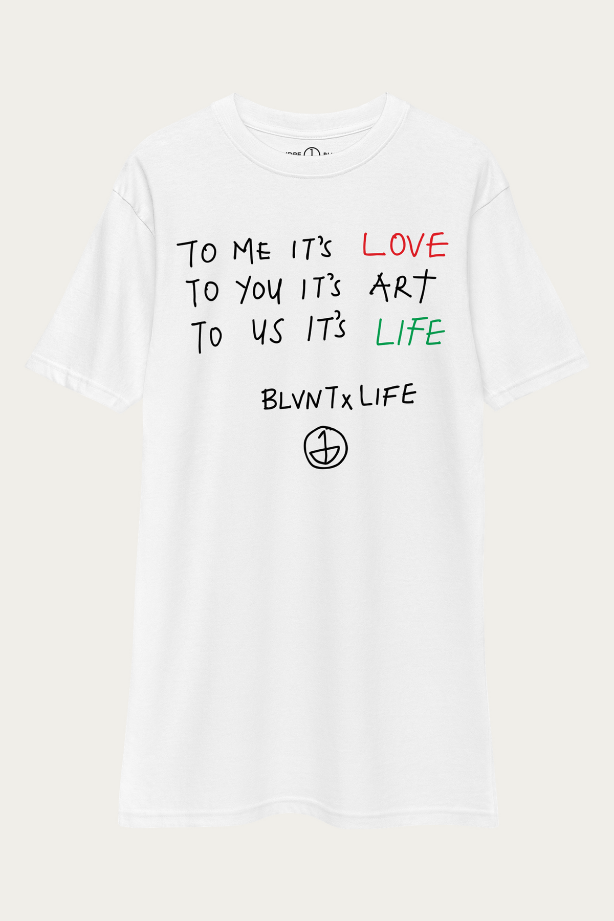 BLVNTxLIFE tee by Andre Blunt, front, on a Cloud White ground