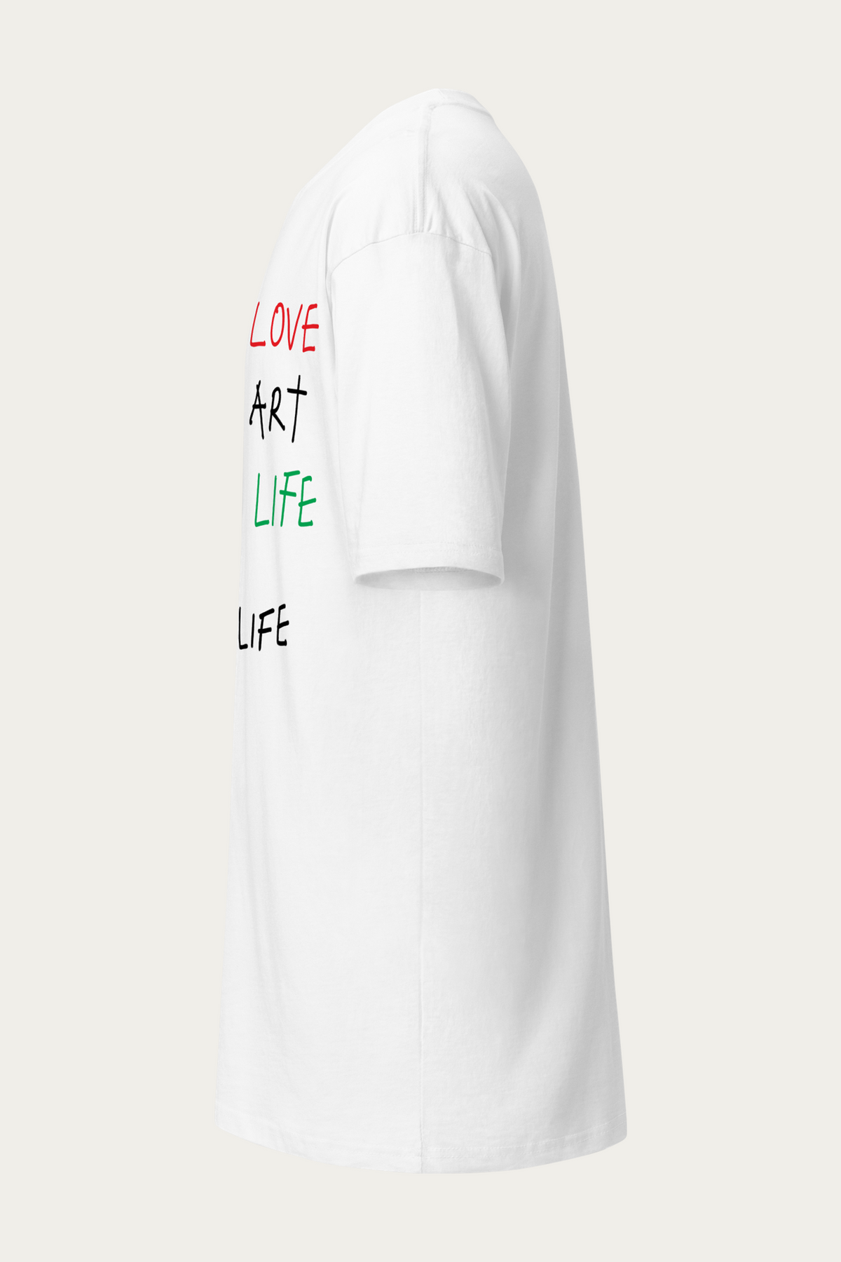 BLVNTxLIFE tee by Andre Blunt, left, on a Cloud White ground