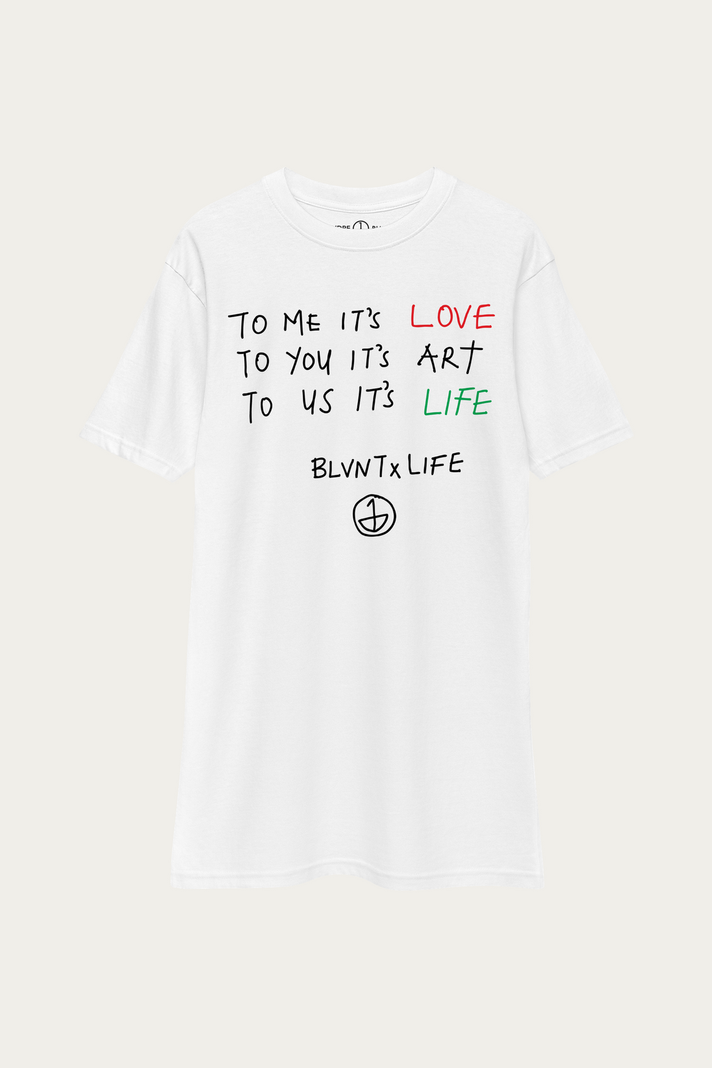 BLVNTxLIFE tee by Andre Blunt, front, on a Cloud White ground