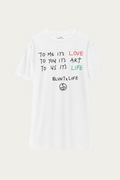 BLVNTxLIFE tee by Andre Blunt, front, on a Cloud White ground