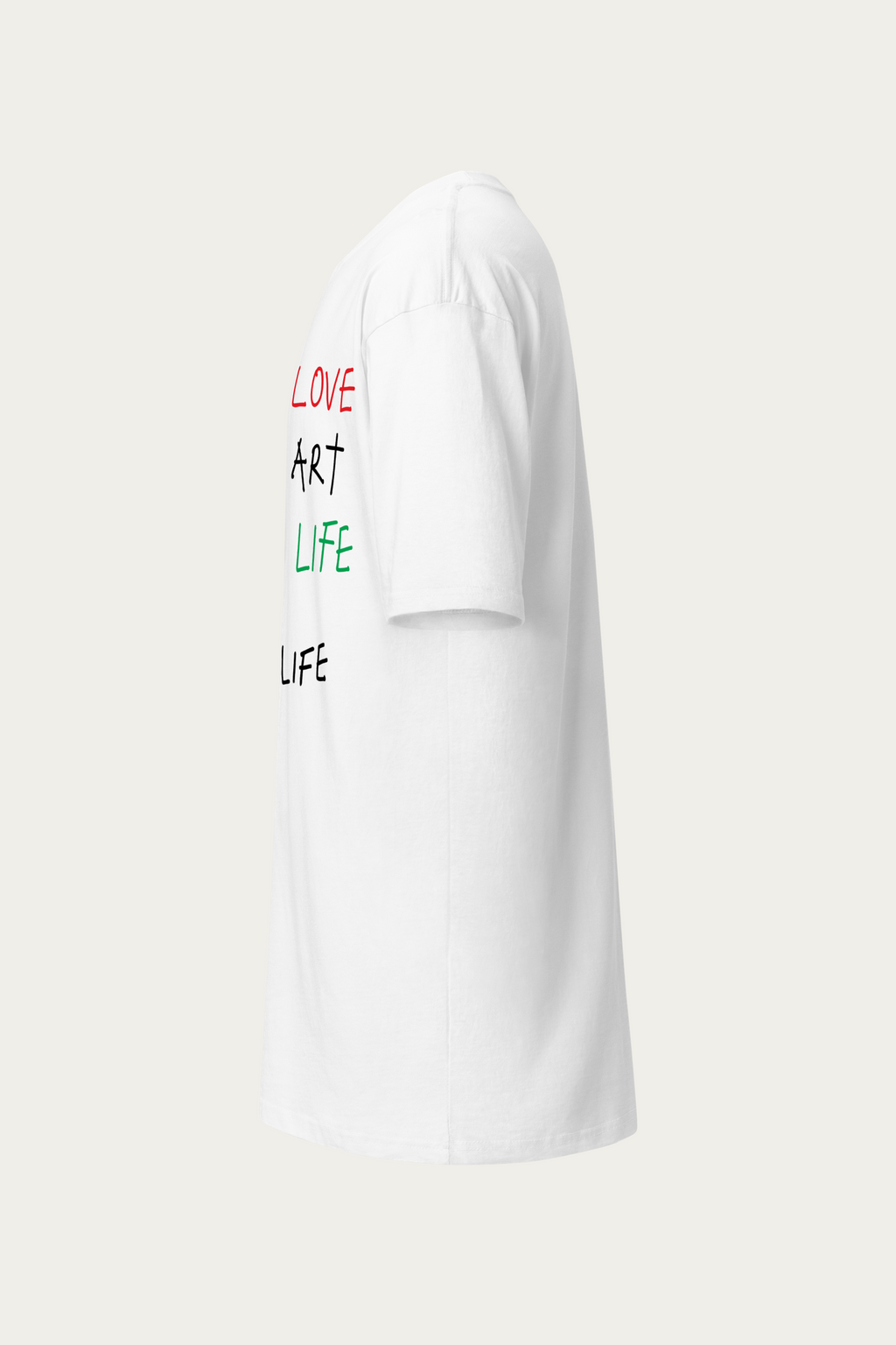 BLVNTxLIFE tee by Andre Blunt, left, on a Cloud White ground