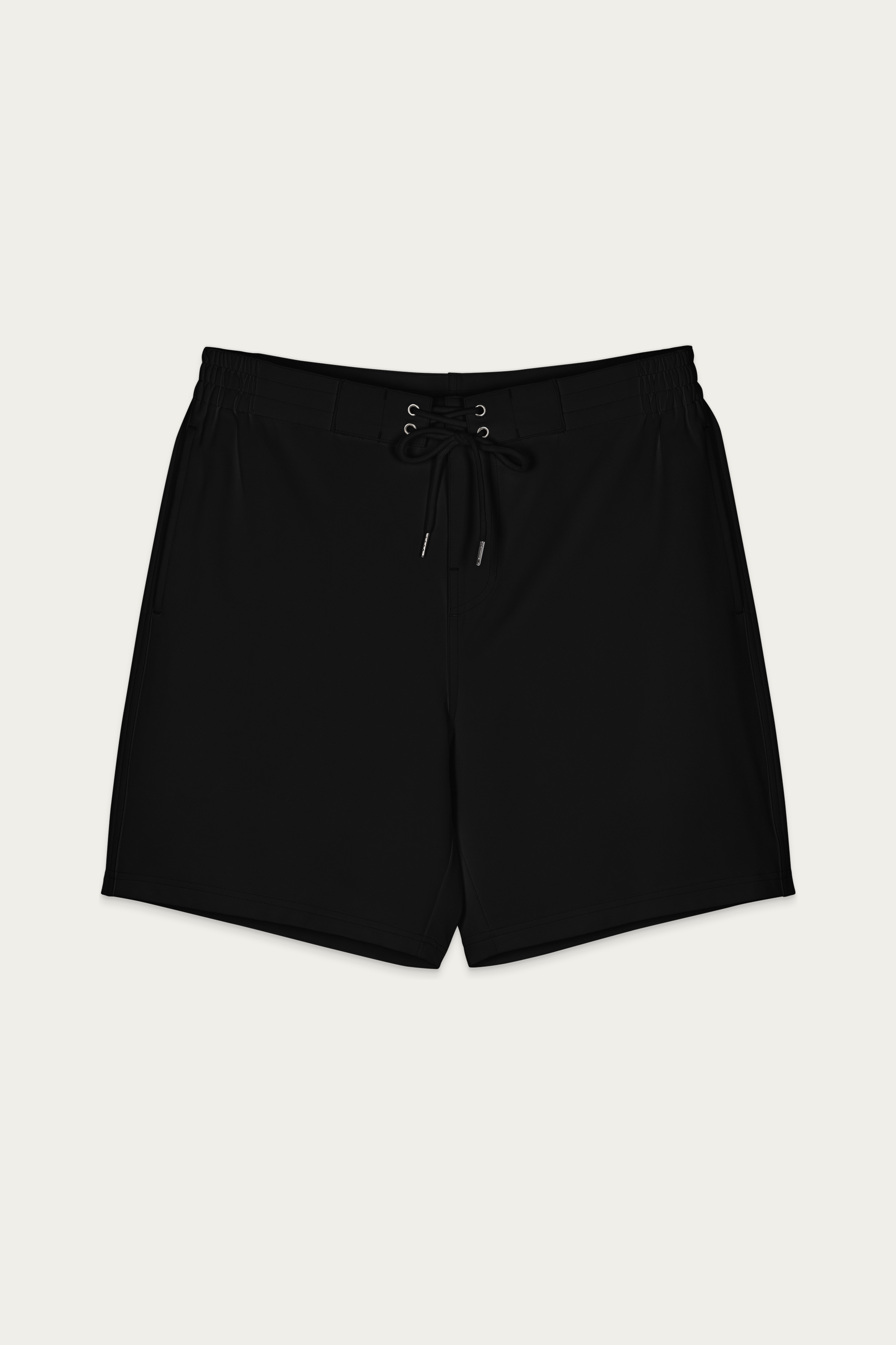 Board Shorts, Black by Andre Blunt, front, on a Cloud White ground