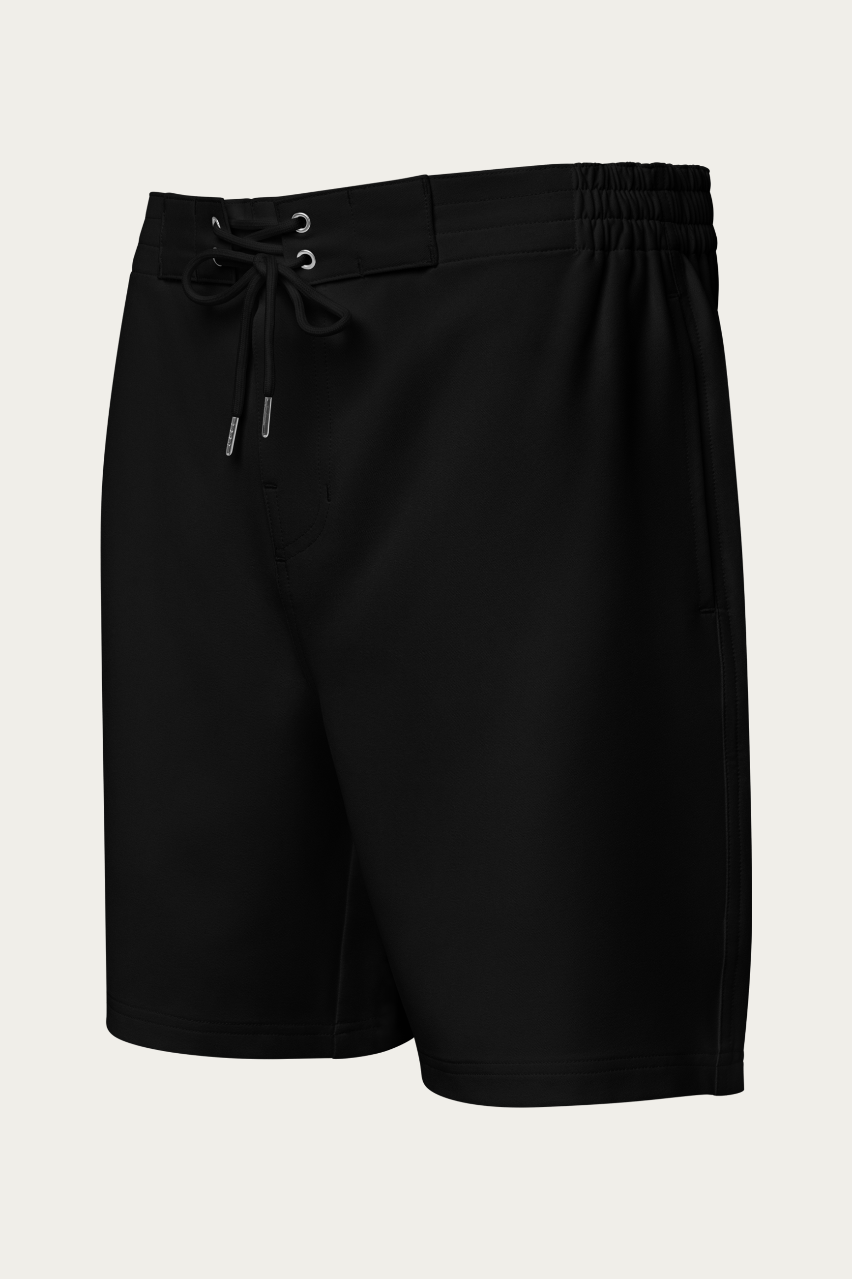 Board Shorts, Black by Andre Blunt, front, on a Cloud White ground