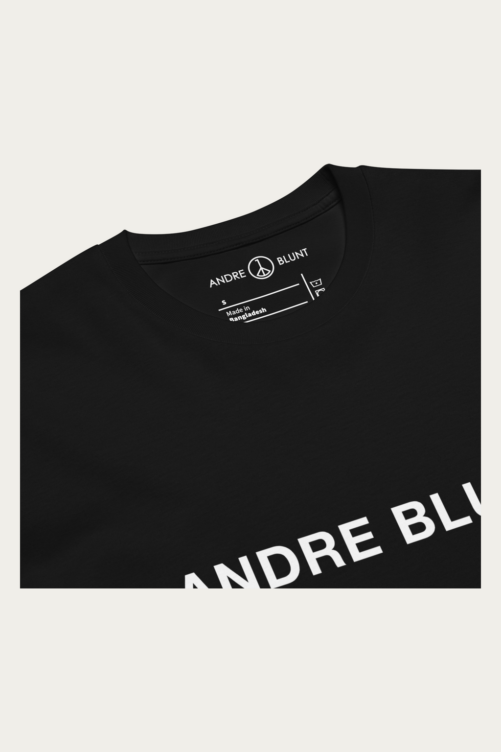 Crew-Neck Tee, Black by Andre Blunt, detail, on a Cloud White ground