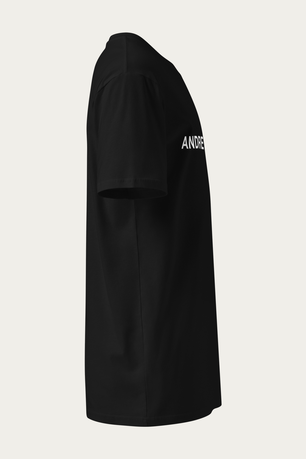 Crew-Neck Tee, Black by Andre Blunt, from the right, on a Cloud White ground