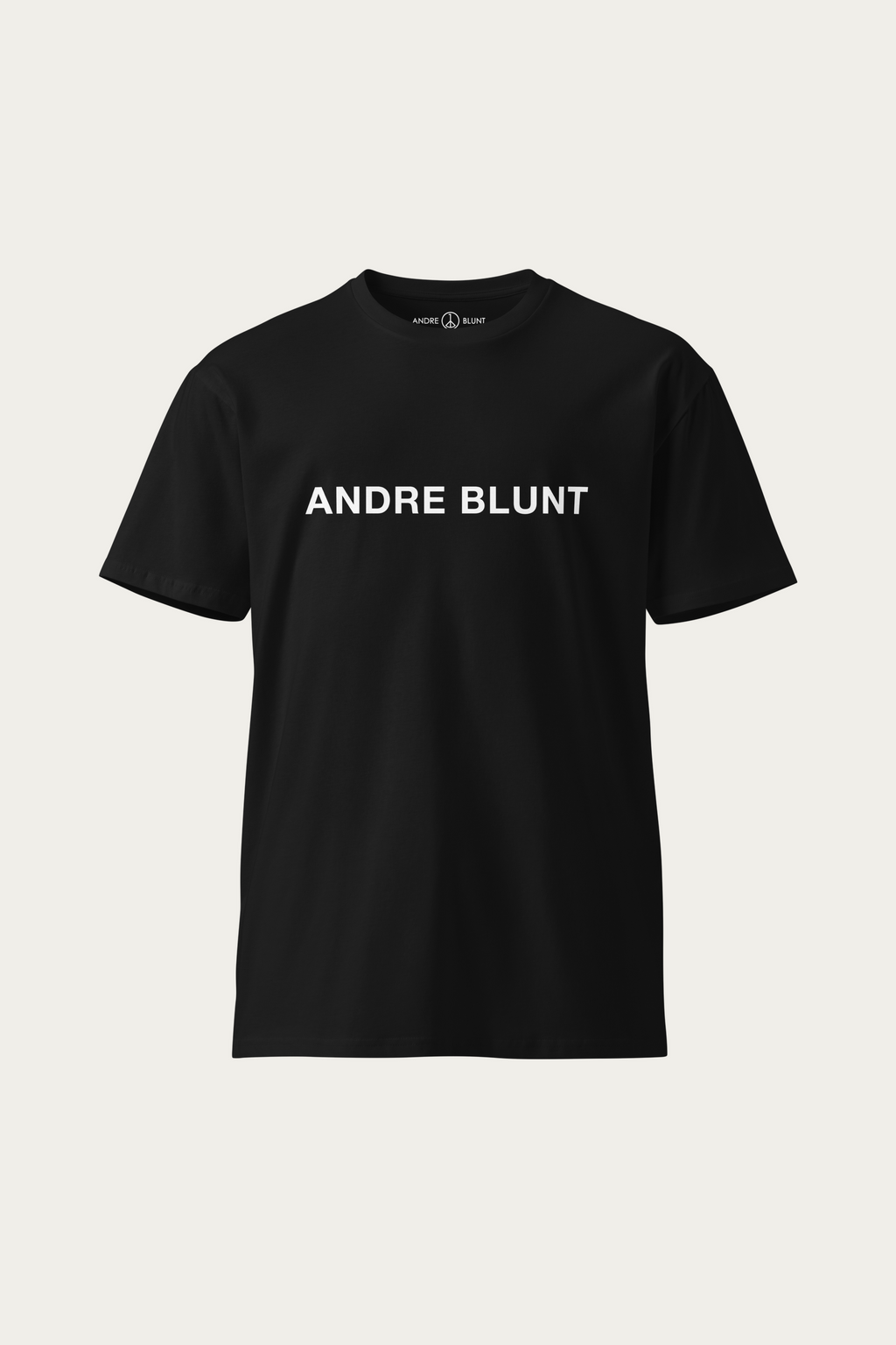 Crew-Neck Tee, Black by Andre Blunt, shown on a Cloud White ground
