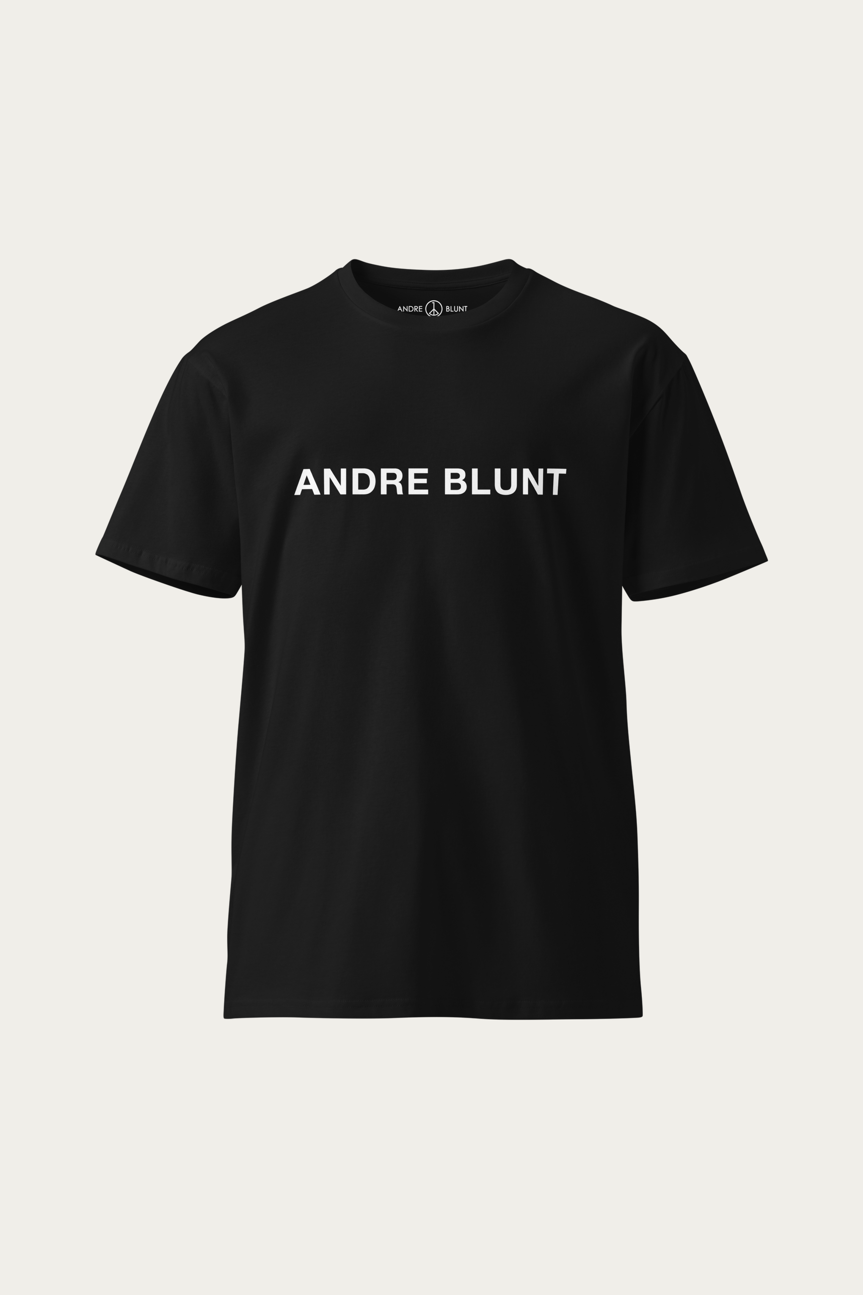 Crew-Neck Tee, Black by Andre Blunt, shown on a Cloud White ground