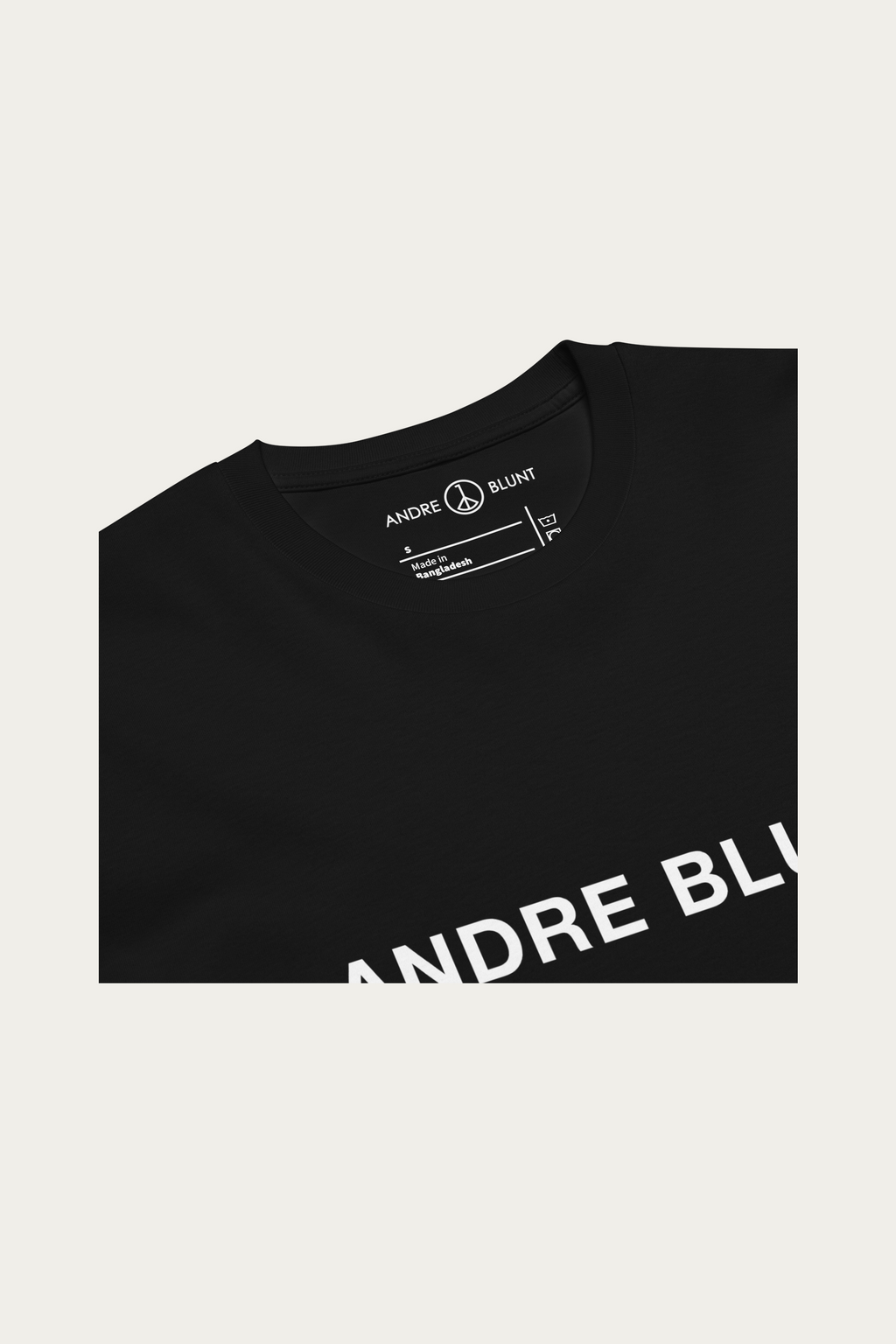 Crew-Neck Tee, Black by Andre Blunt, detail, on a Cloud White ground