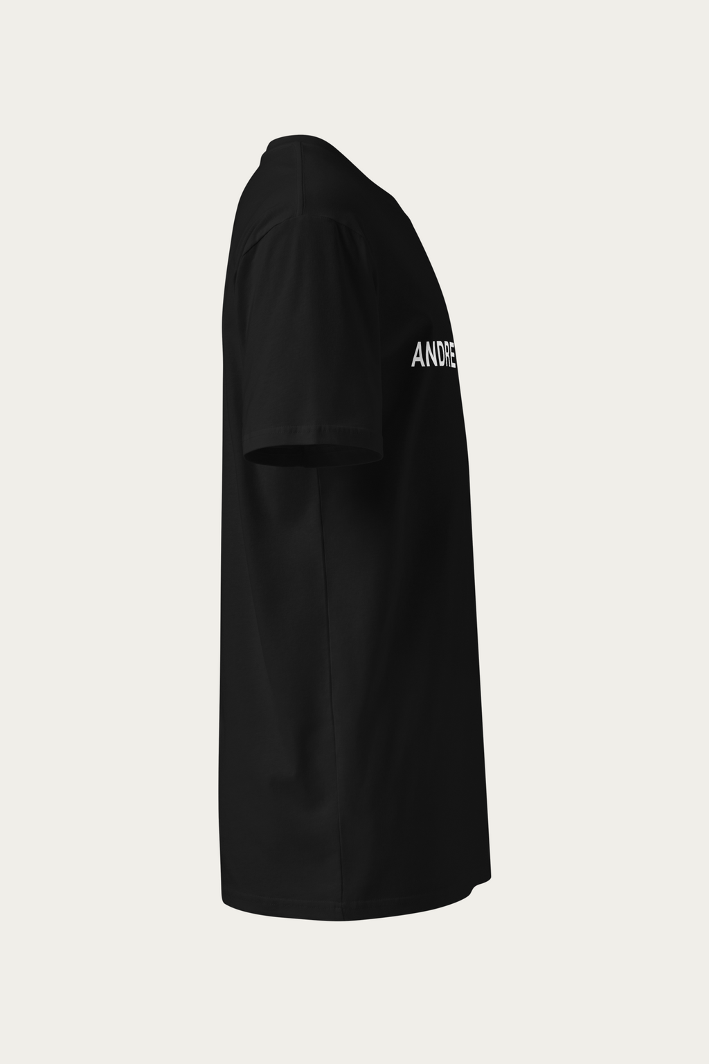 Crew-Neck Tee, Black by Andre Blunt, from the right, on a Cloud White ground