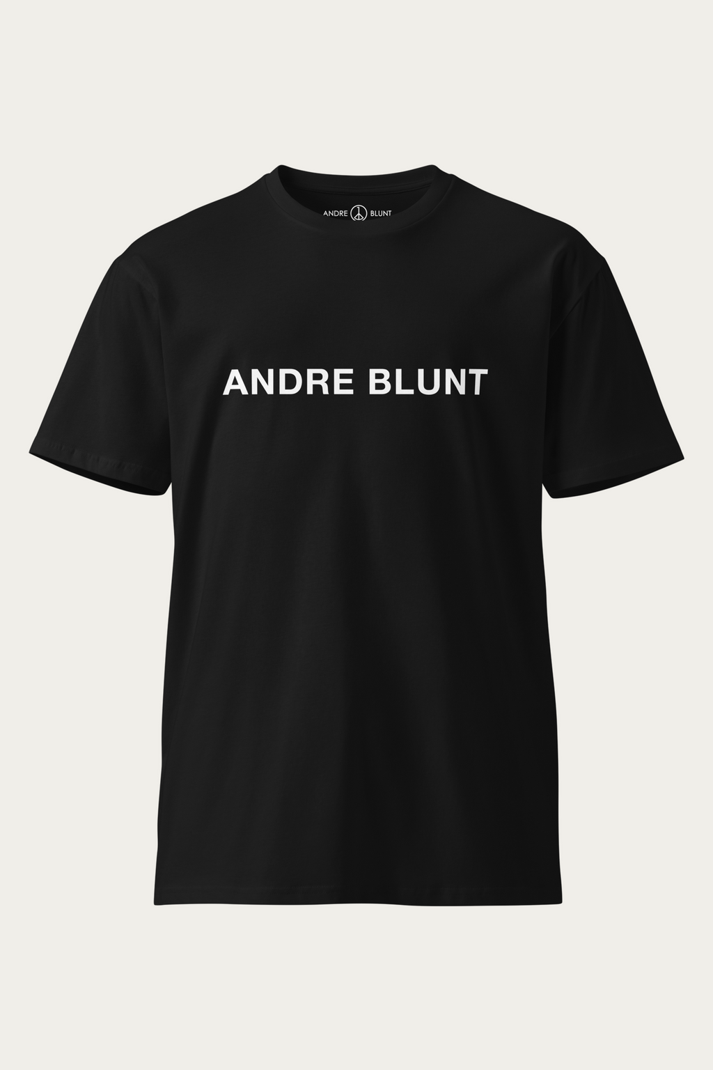 Crew-Neck Tee, Black by Andre Blunt, shown on a Cloud White ground