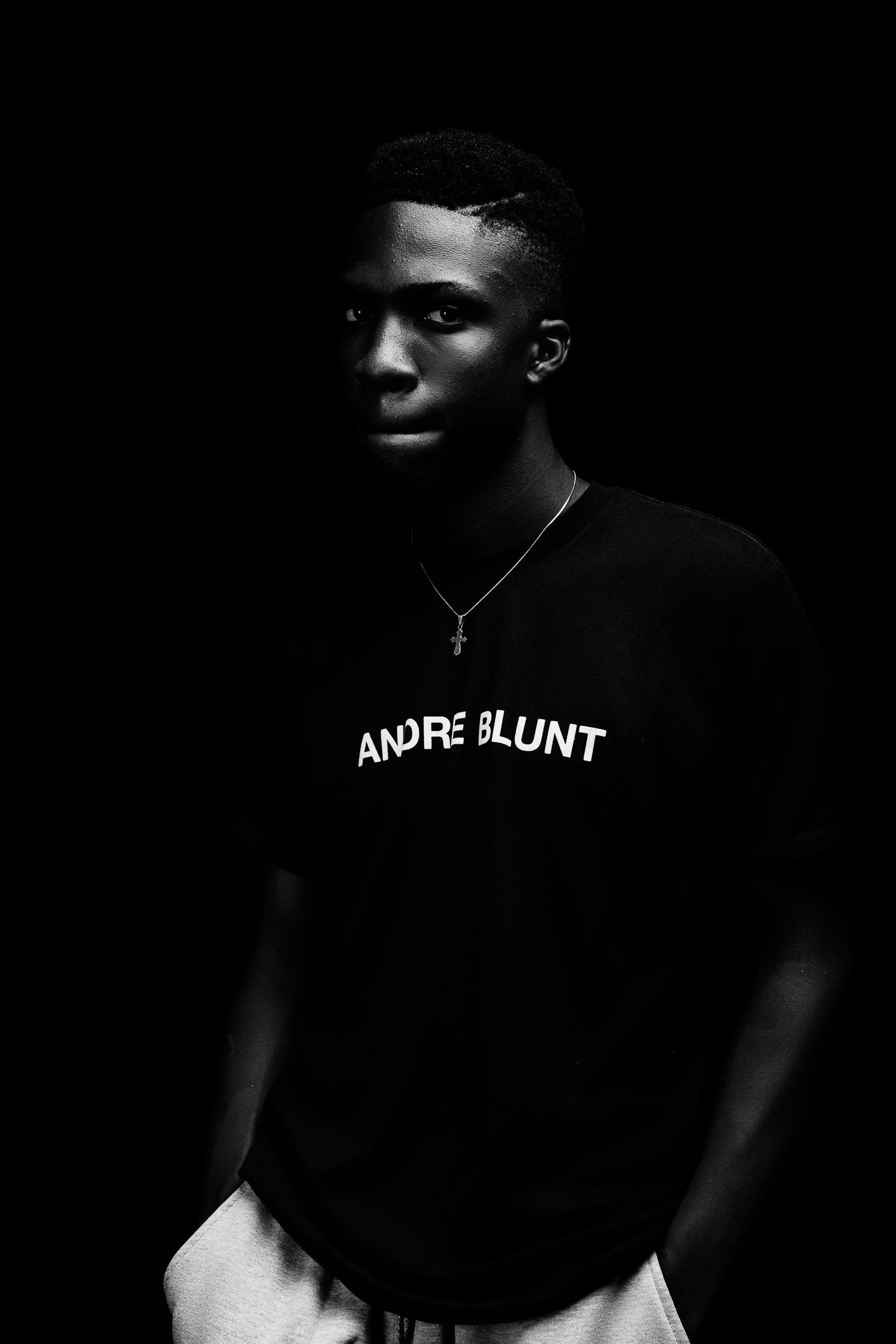 Andre Blunt crew-neck tee in black, editorial