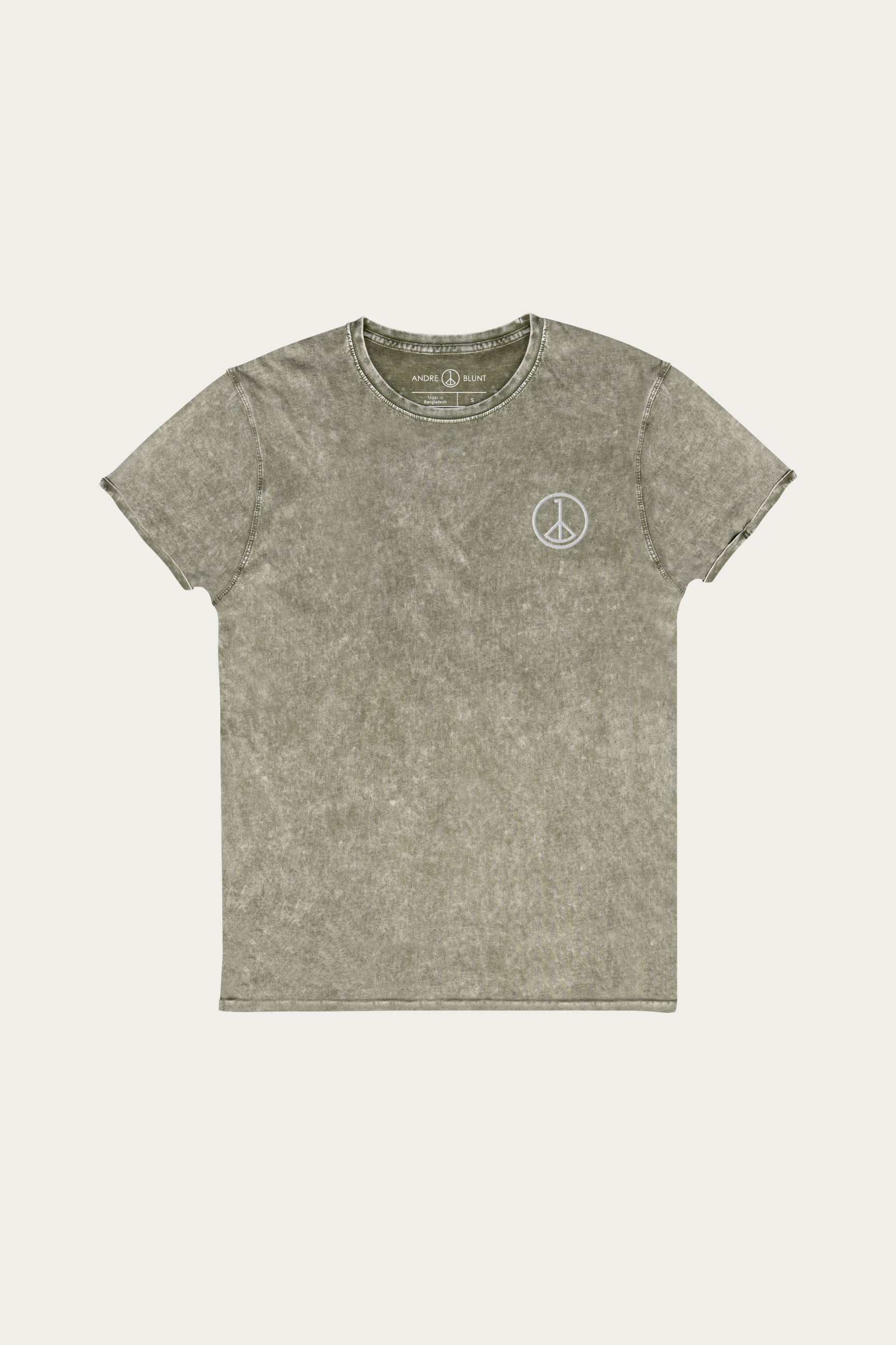 Denim Tee, Army by Andre Blunt, front, on a Cloud White ground