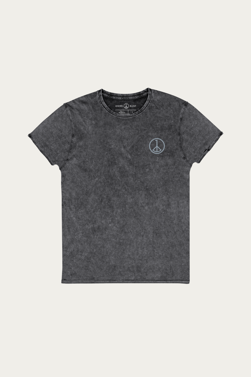 Denim Tee, Black by Andre Blunt, front, on a Cloud White ground