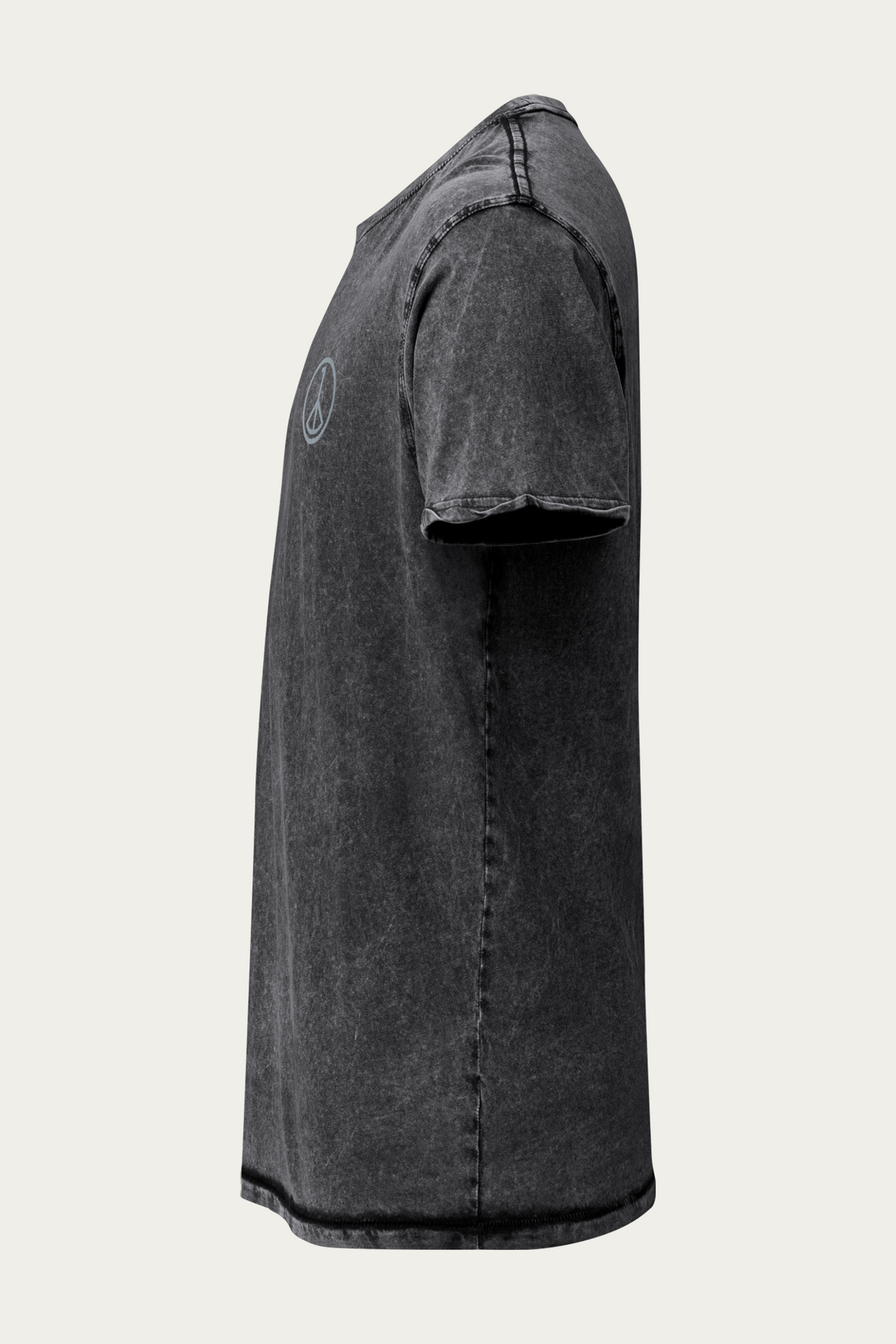Denim Tee, Black by Andre Blunt, left, on a Cloud White ground