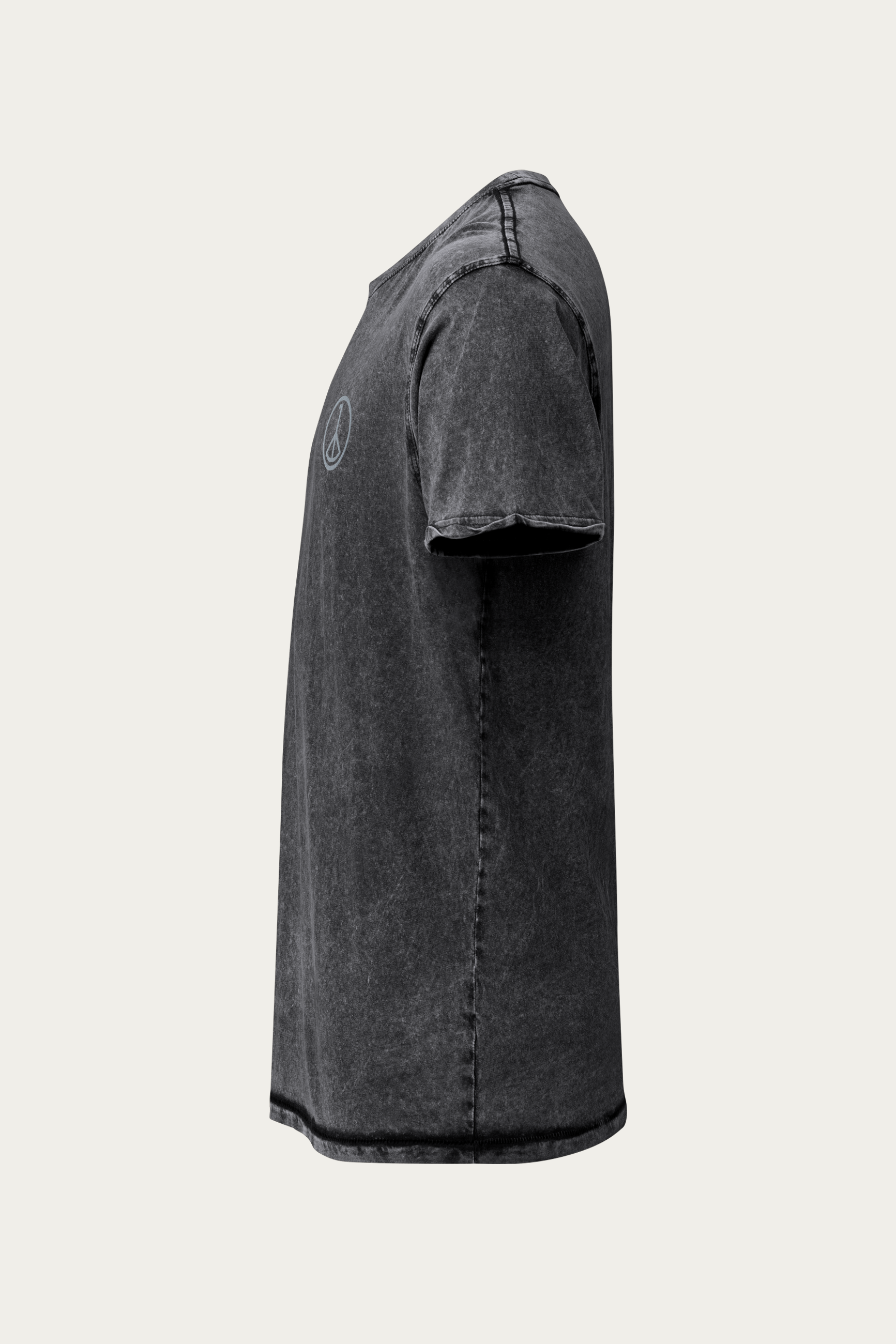Denim Tee, Black by Andre Blunt, left, on a Cloud White ground