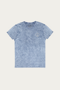 Denim Tee, Indigo by Andre Blunt, front, on a Cloud White ground
