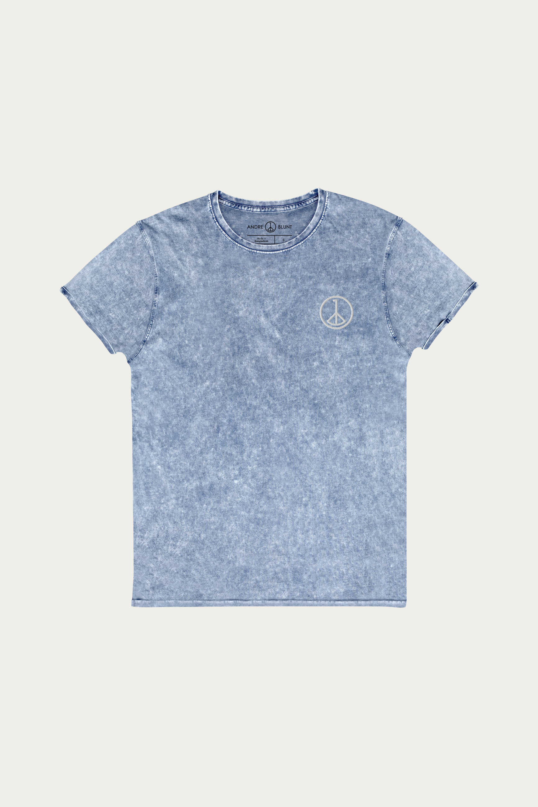 Denim Tee, Indigo by Andre Blunt, front, on a Cloud White ground