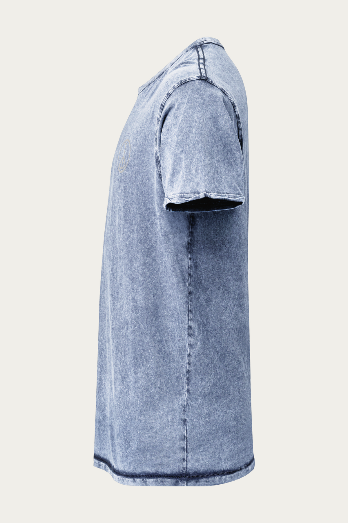 Denim Tee, Indigo by Andre Blunt, left, on a Cloud White ground