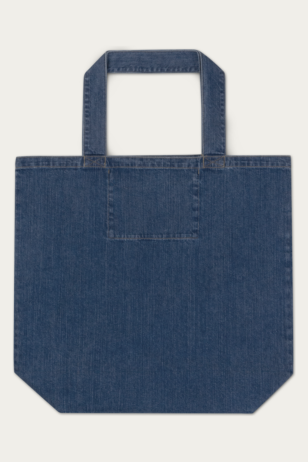 Denim Tote Bag by Andre Blunt, from the back, on a Cloud White ground