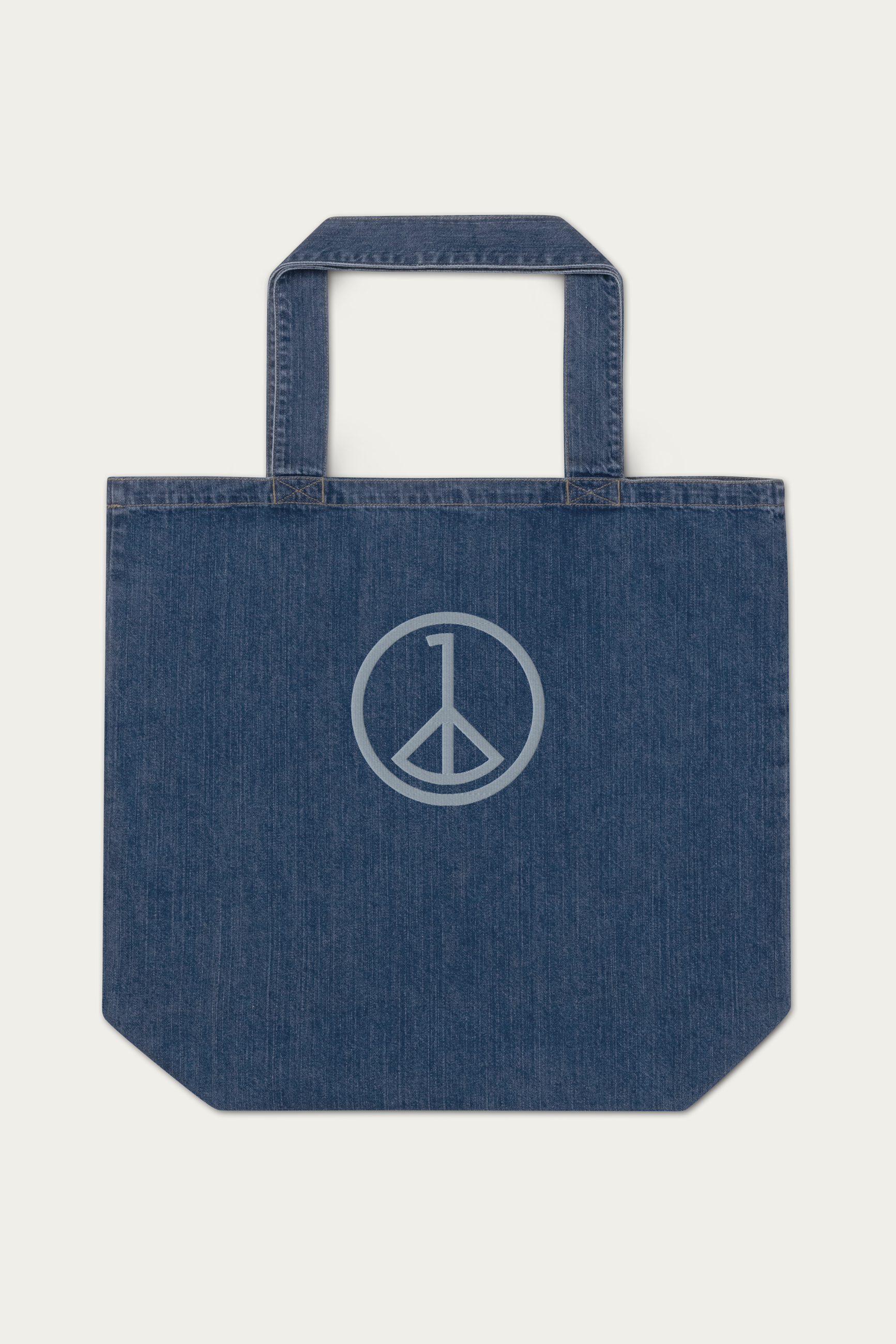 Denim Tote Bag by Andre Blunt, shown on a Cloud White ground