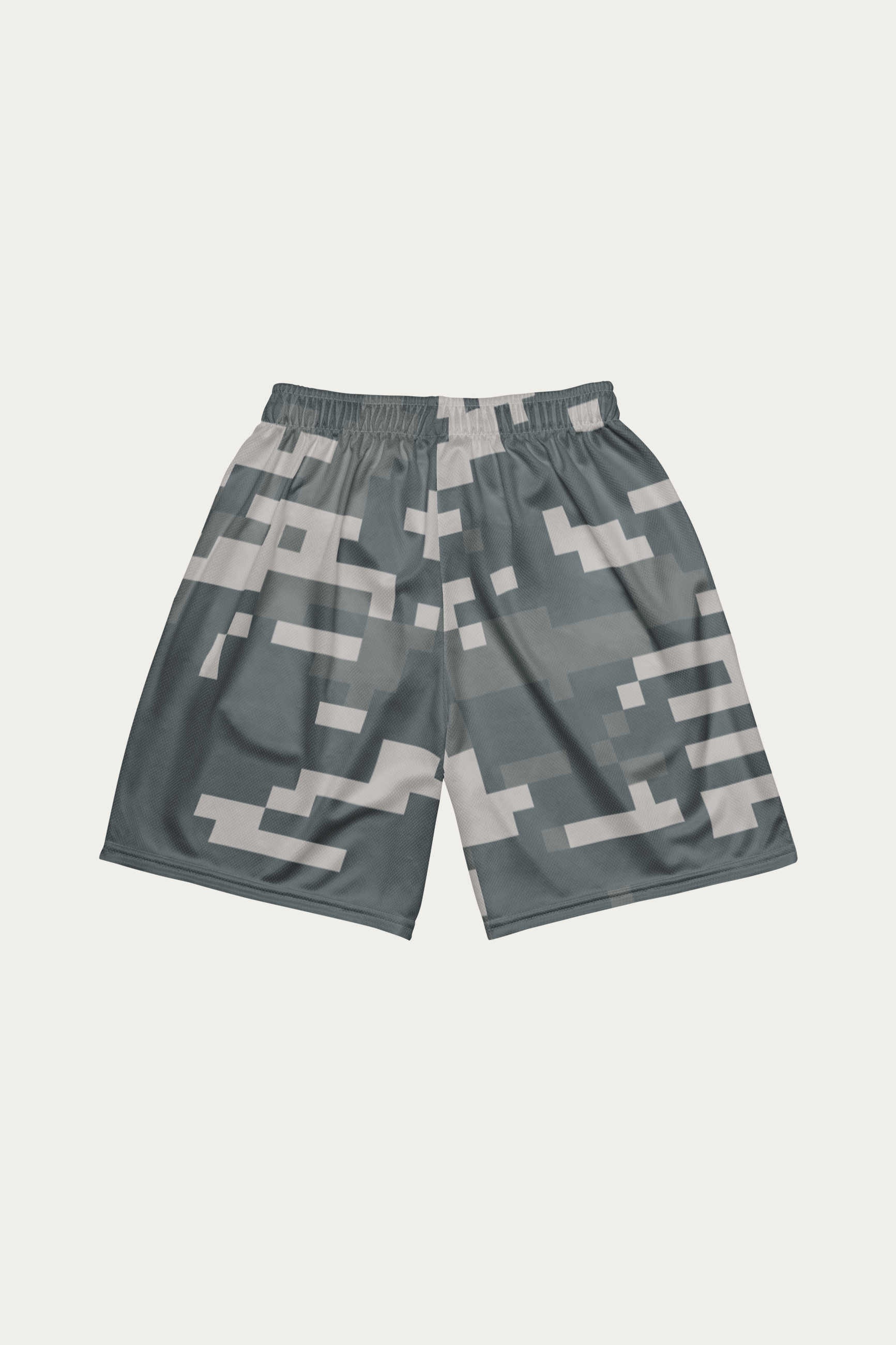 Digital Camo Mesh Shorts, Slate by Andre Blunt, from the back, on a Cloud White ground