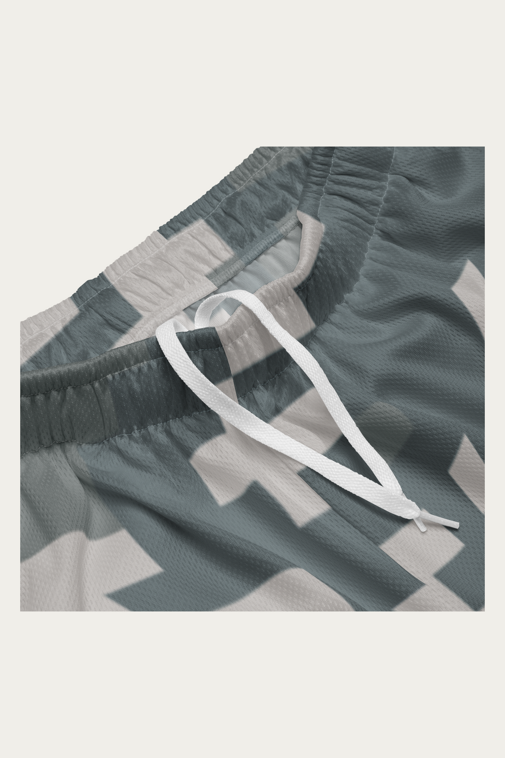 Digital Camo Mesh Shorts, Slate by Andre Blunt, detail, on a Cloud White ground