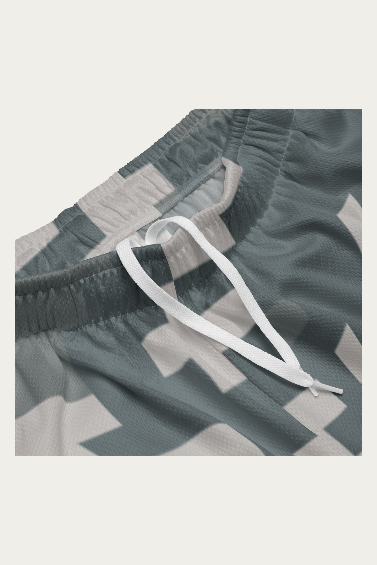 Digital Camo Mesh Shorts, Slate by Andre Blunt, detail, on a Cloud White ground