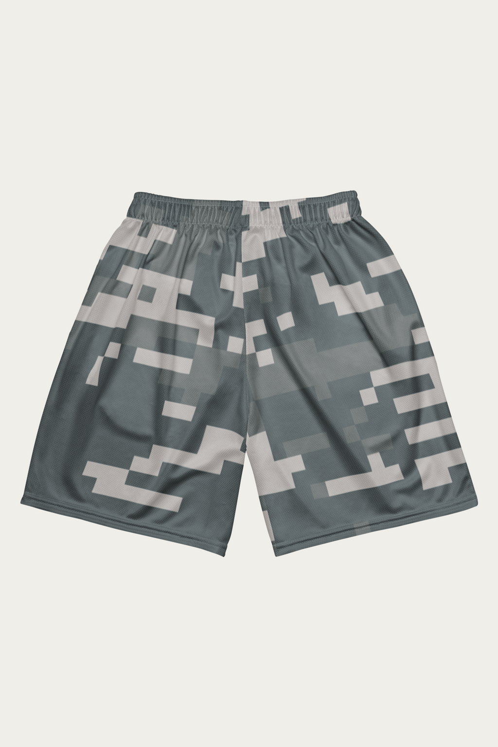 Digital Camo Mesh Shorts, Slate by Andre Blunt, from the back, on a Cloud White ground