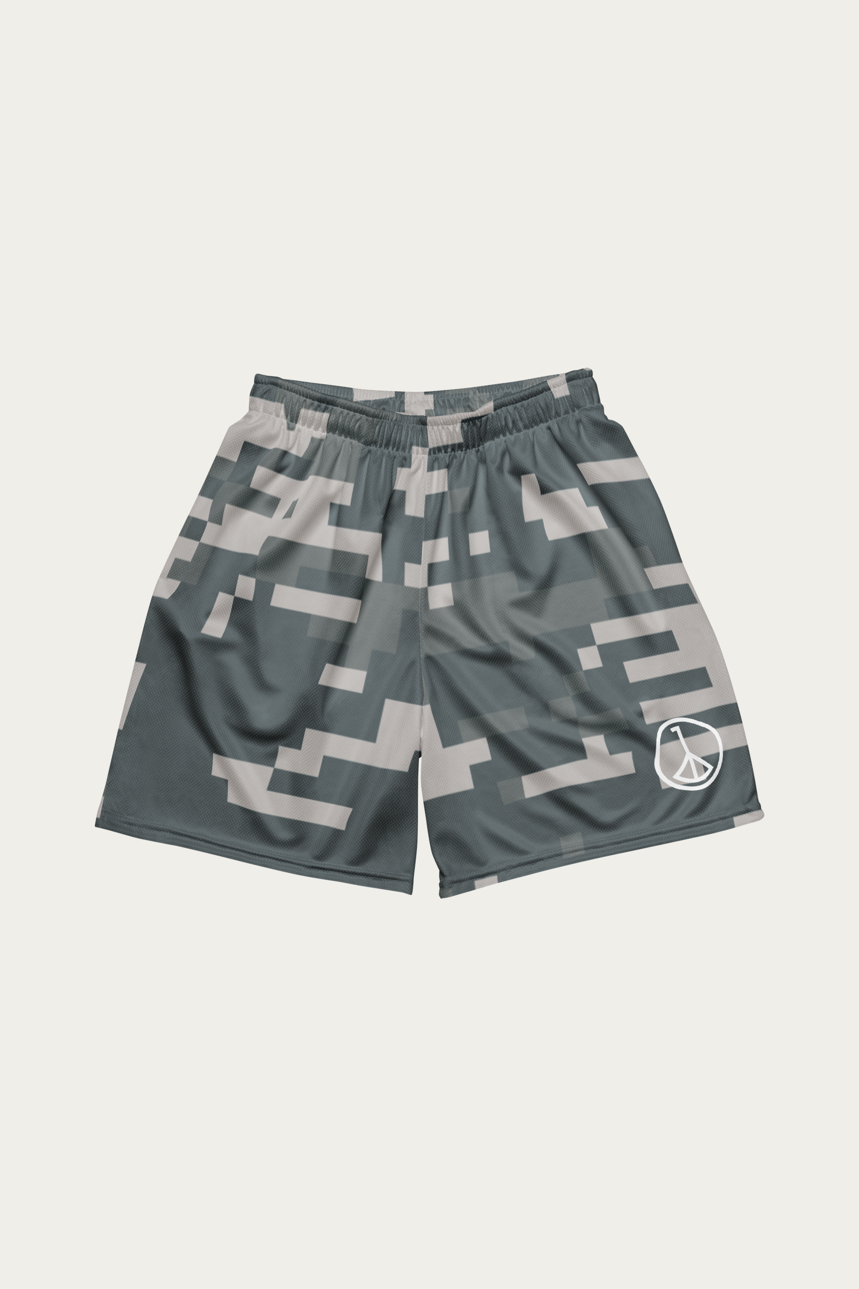 Digital Camo Mesh Shorts, Slate by Andre Blunt, shown on a Cloud White ground