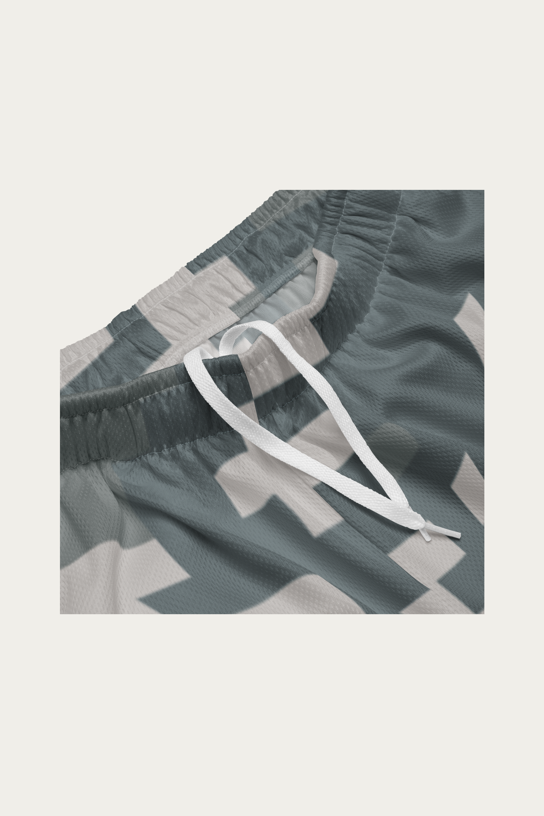 Digital Camo Mesh Shorts, Slate by Andre Blunt, detail, on a Cloud White ground