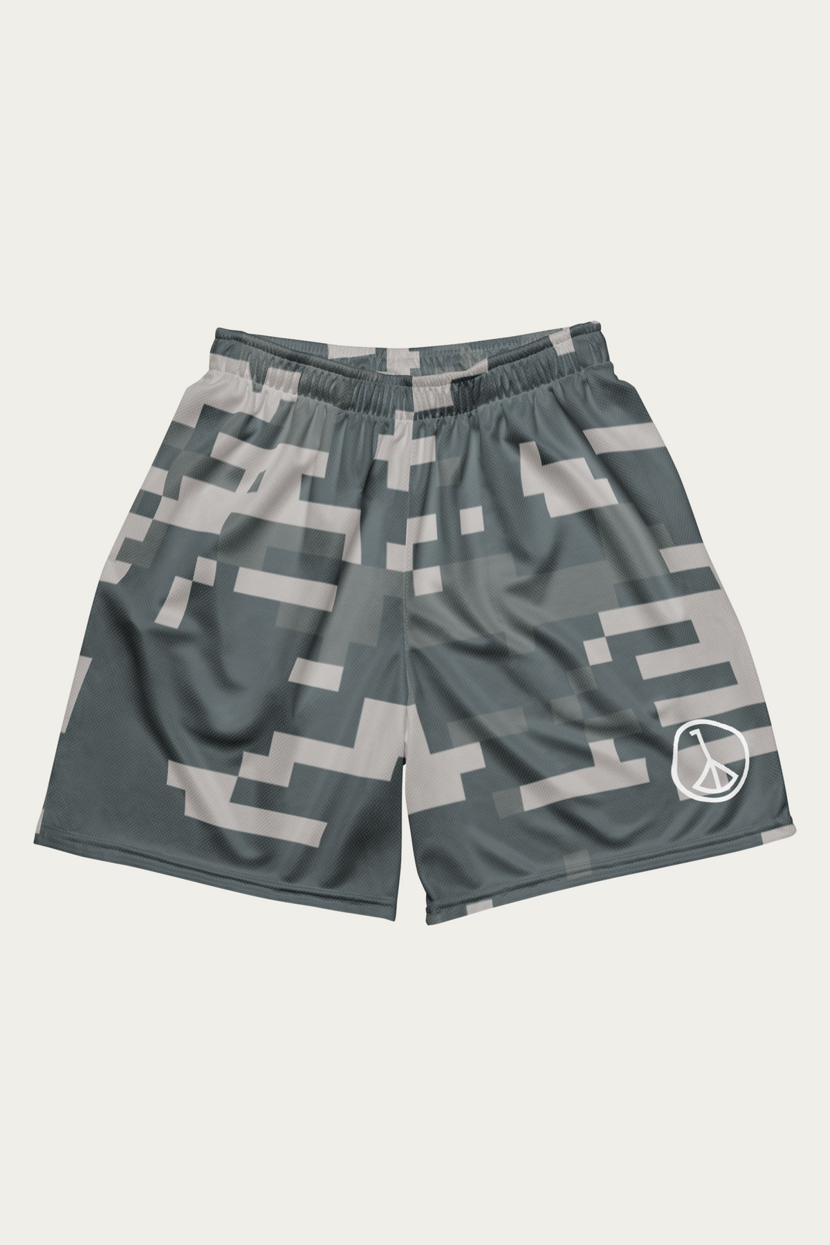 Digital Camo Mesh Shorts, Slate by Andre Blunt, shown on a Cloud White ground