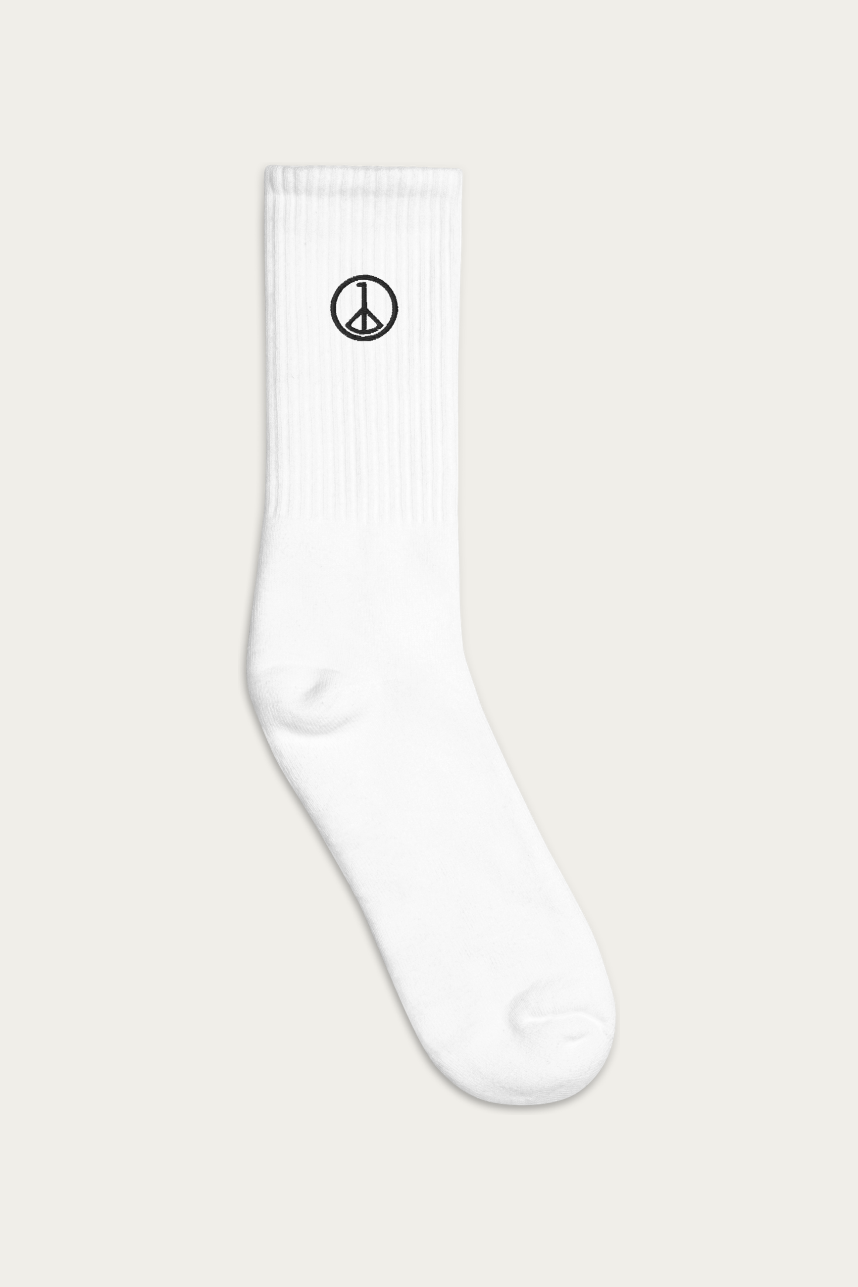 Embroidered Socks, White by Andre Blunt, outside view, on a Cloud White ground