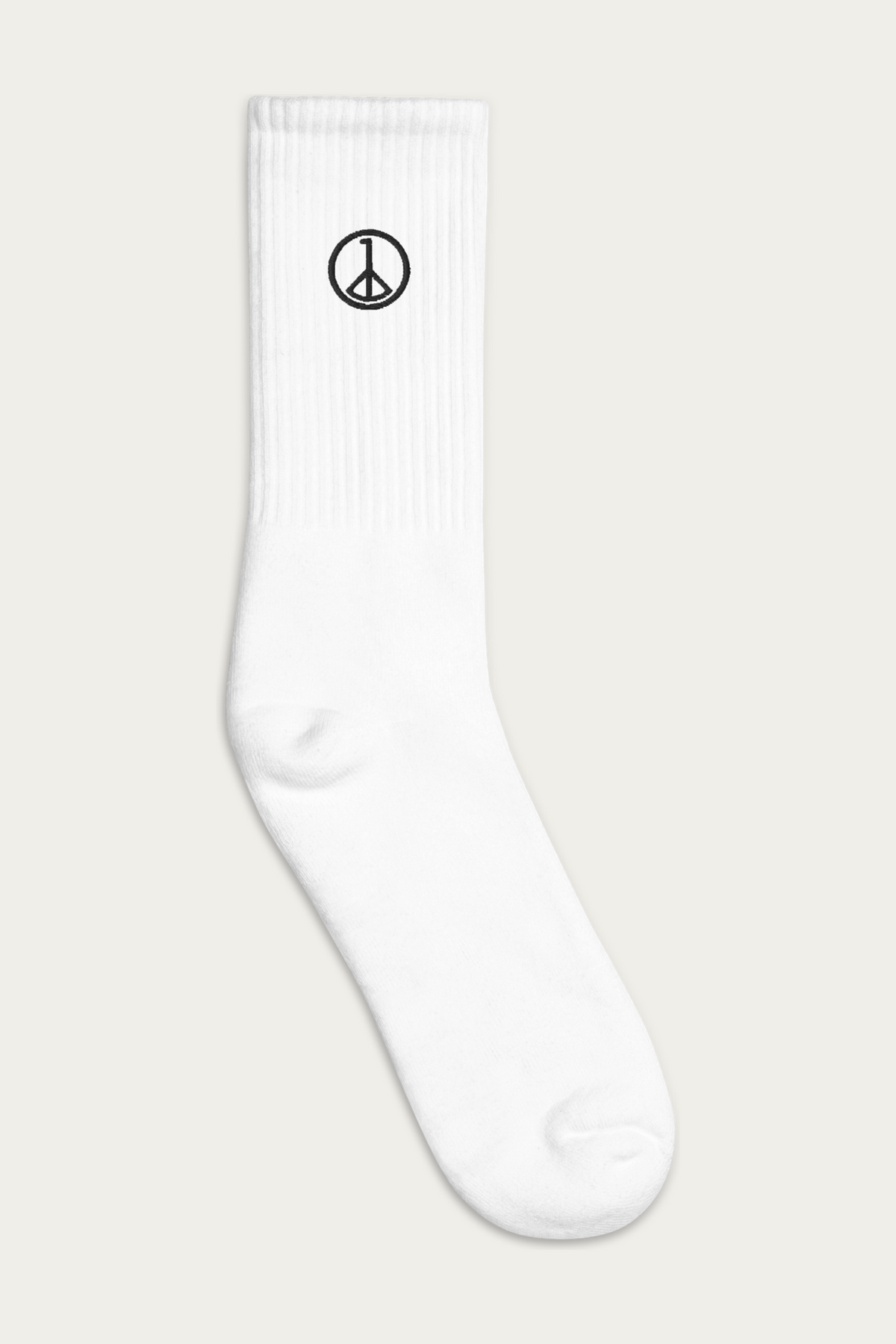 Embroidered Socks, White by Andre Blunt, outside view, on a Cloud White ground