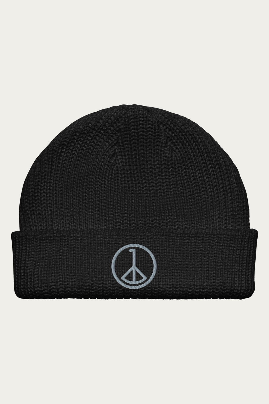 Fisherman Beanie in Black by Andre Blunt, shown on a Cloud White ground