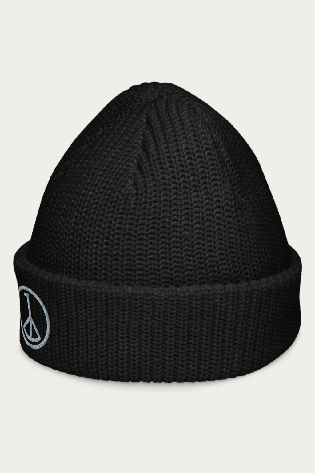 Fisherman Beanie in Black by Andre Blunt, from the left, on a Cloud White ground
