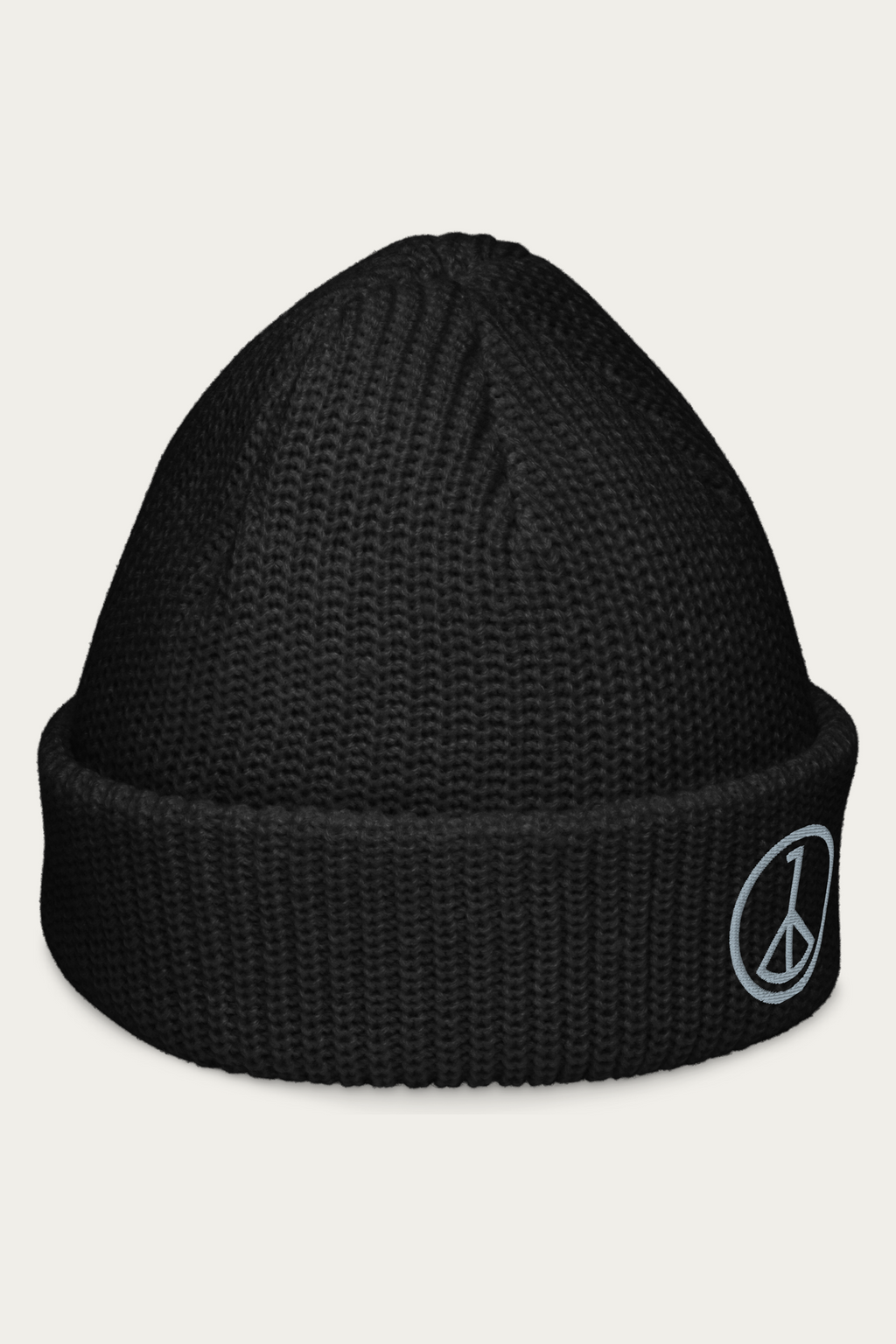 Fisherman Beanie, Black by Andre Blunt, from the right, on a Cloud White ground