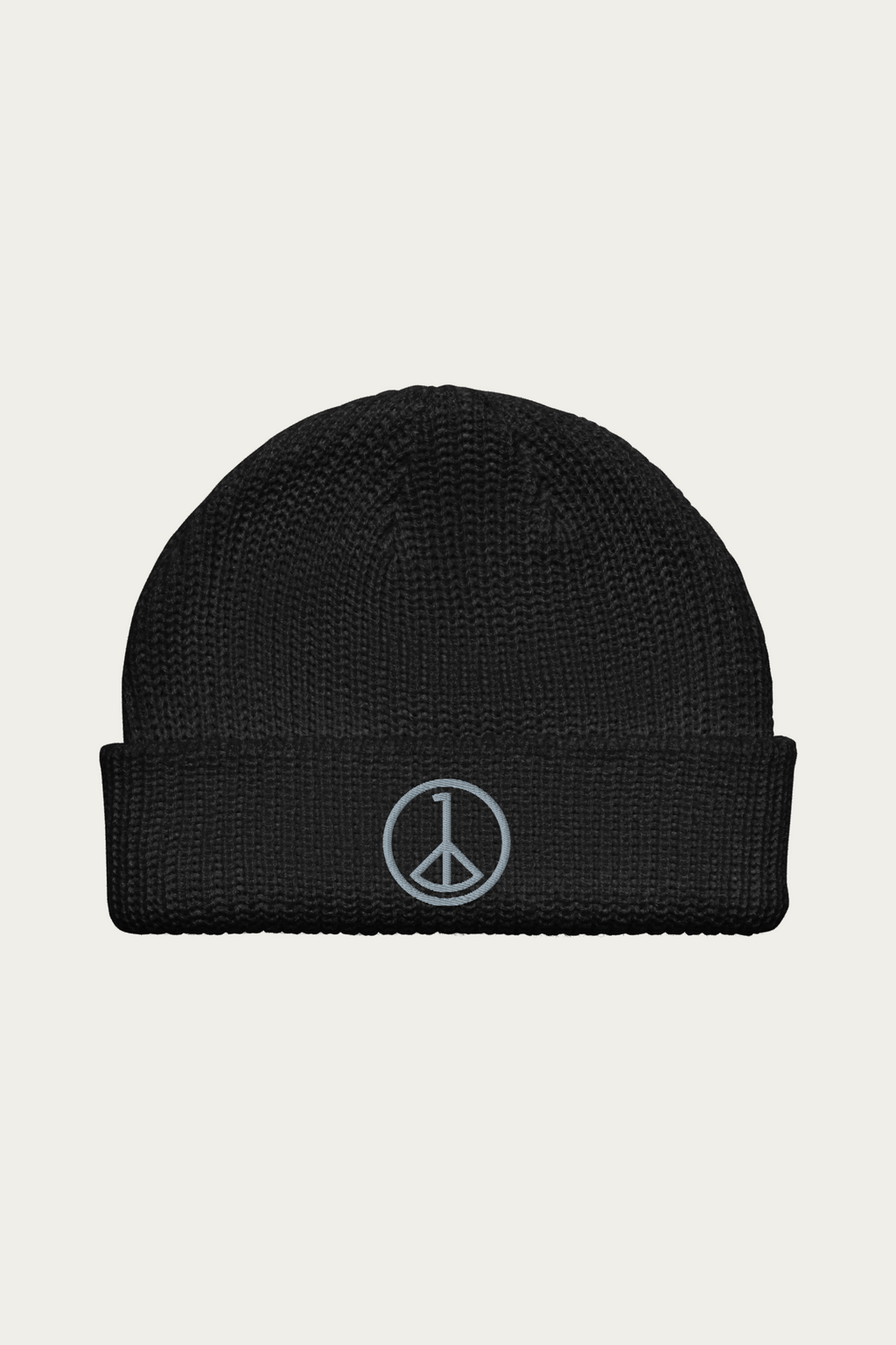 Fisherman Beanie in Black by Andre Blunt, shown on a Cloud White ground