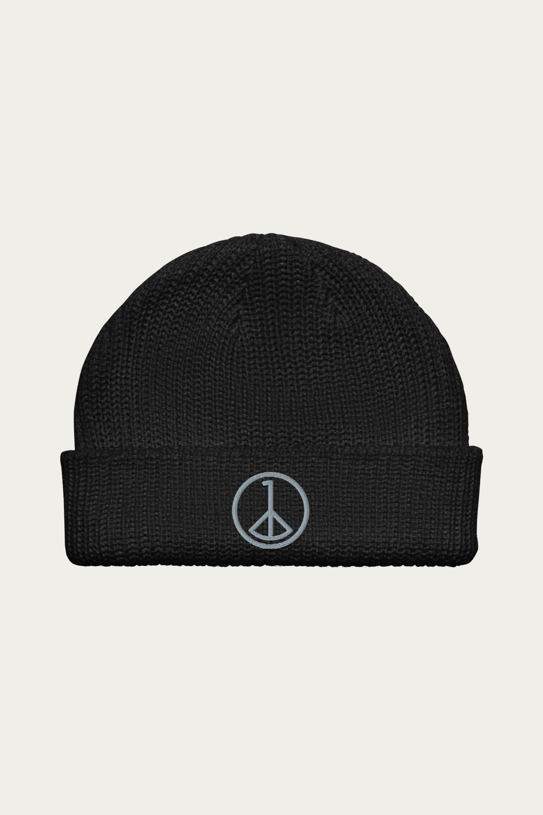 Fisherman Beanie in Black by Andre Blunt, shown on a Cloud White ground