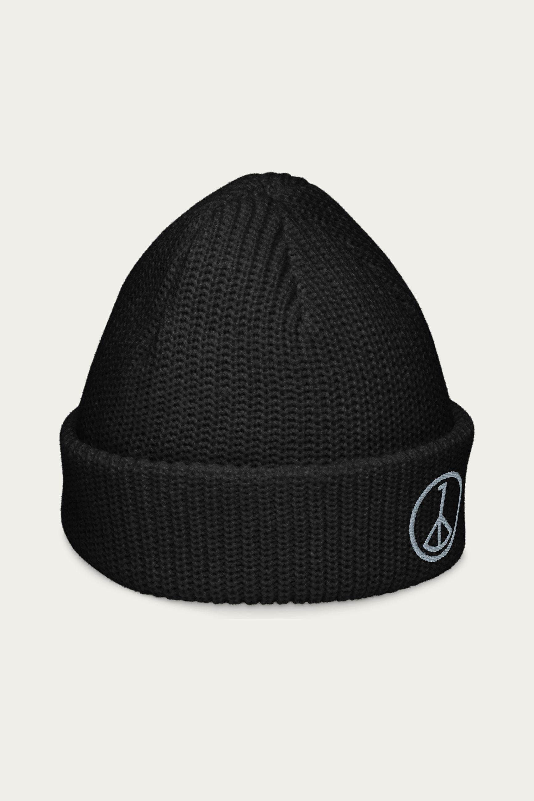 Fisherman Beanie, Black by Andre Blunt, from the right, on a Cloud White ground