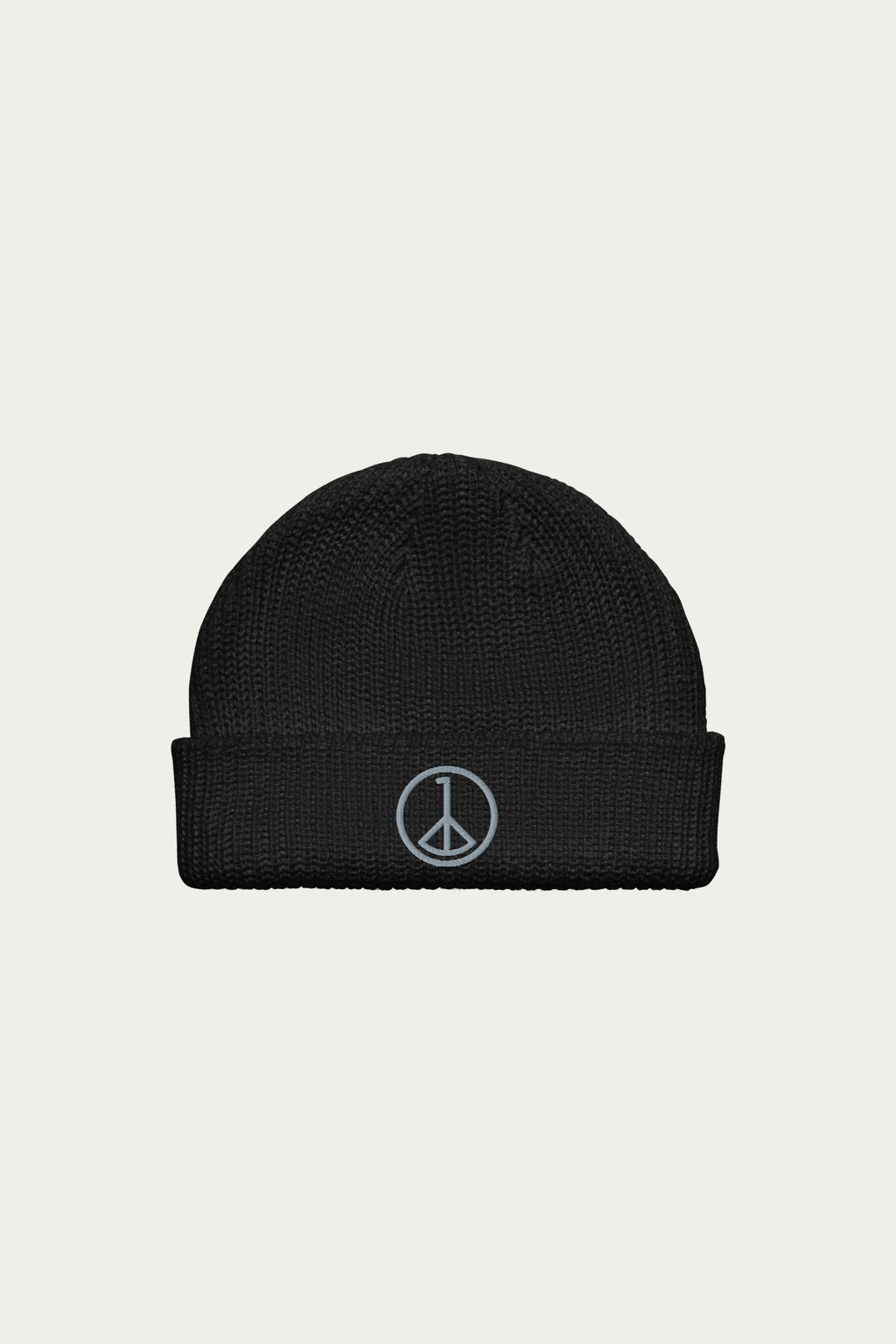 Andre Blunt fisherman beanie in black with embroidered wheel of peace