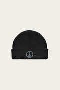 Andre Blunt fisherman beanie in black with embroidered wheel of peace